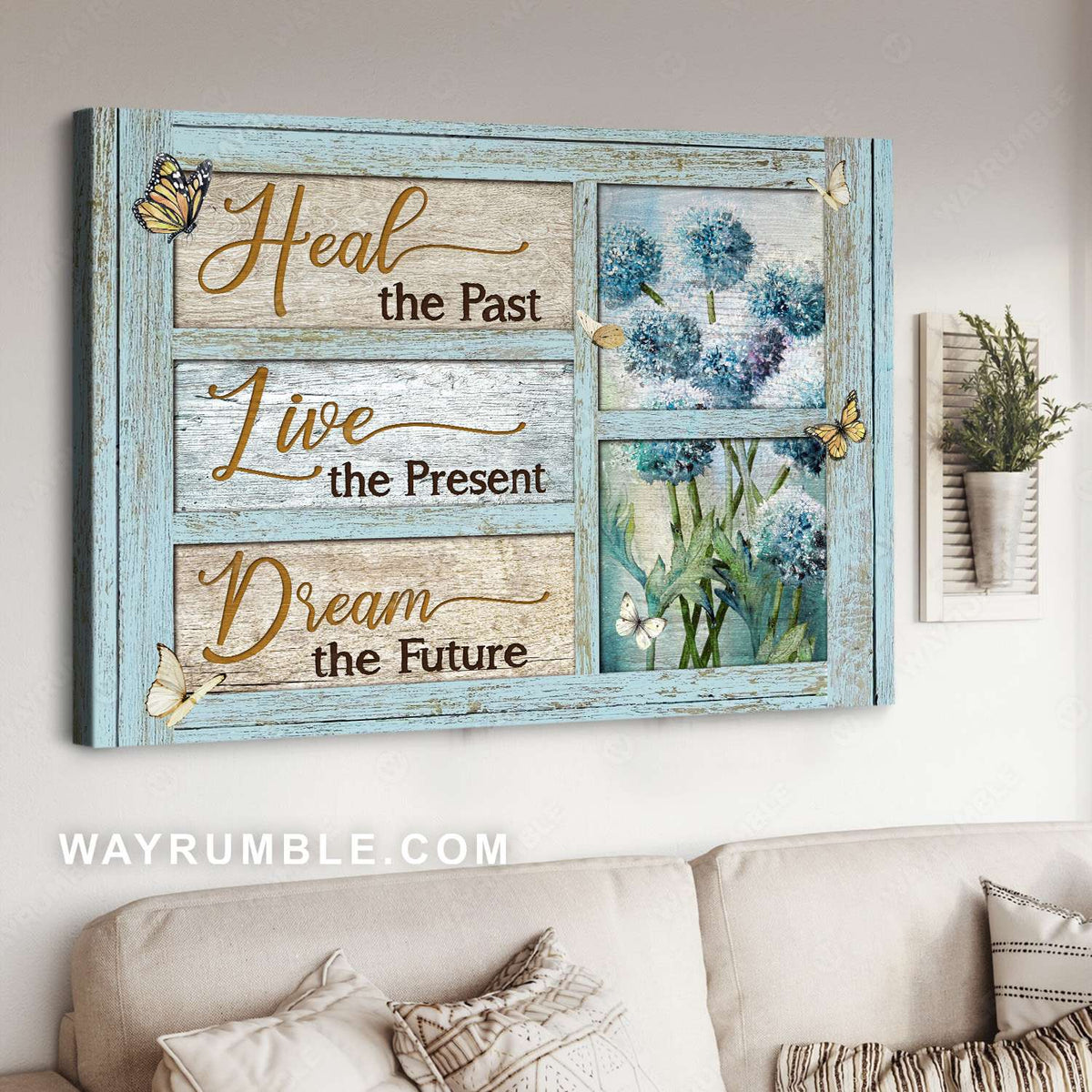 Blue hydrangea, Butterfly drawing, Wooden window, Heal the past - Jesus Landscape Canvas Prints, Christian Wall Art