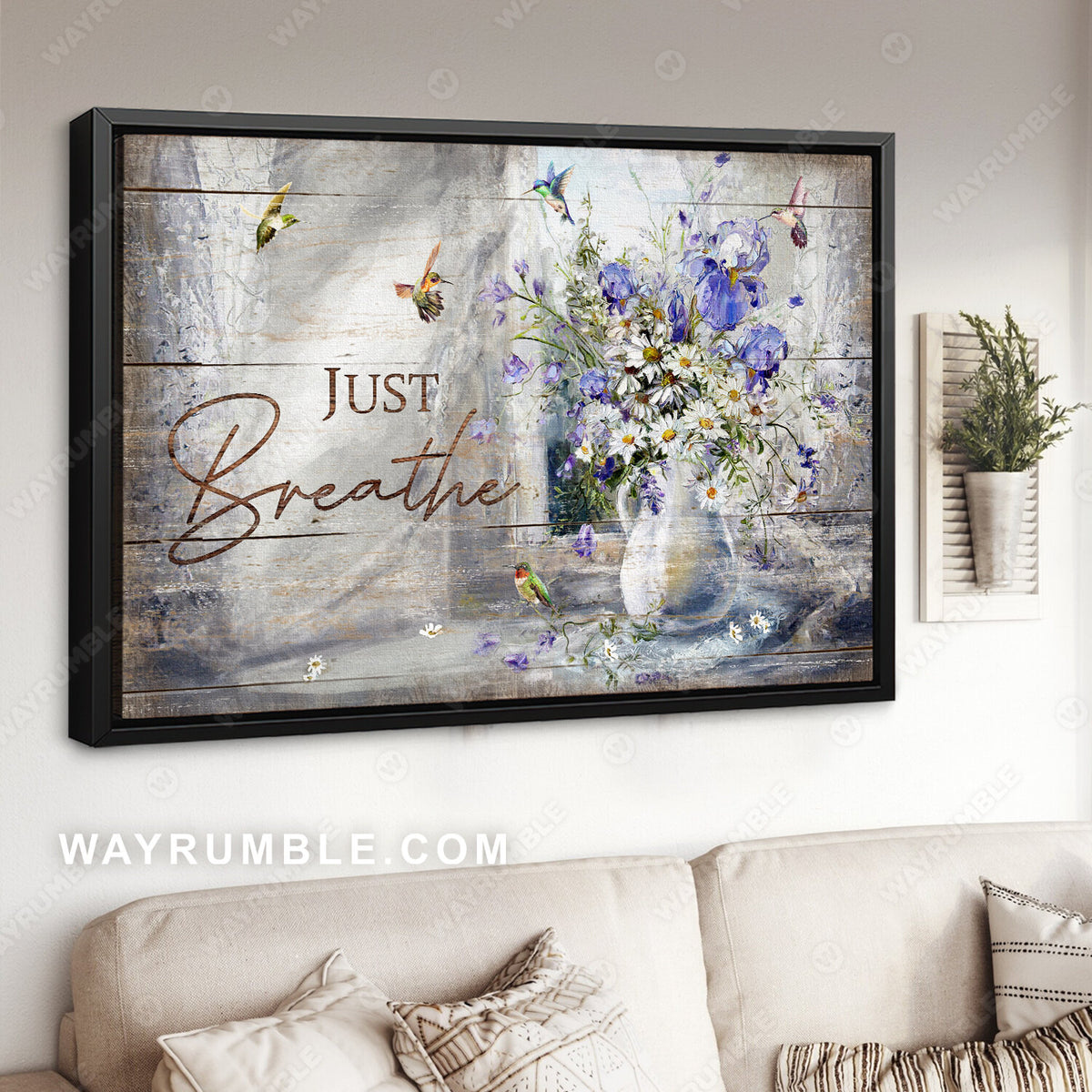 Hummingbird, Daisy flower, Still life painting, Just breathe Jesus Landscape Canvas Prints, Wall Art