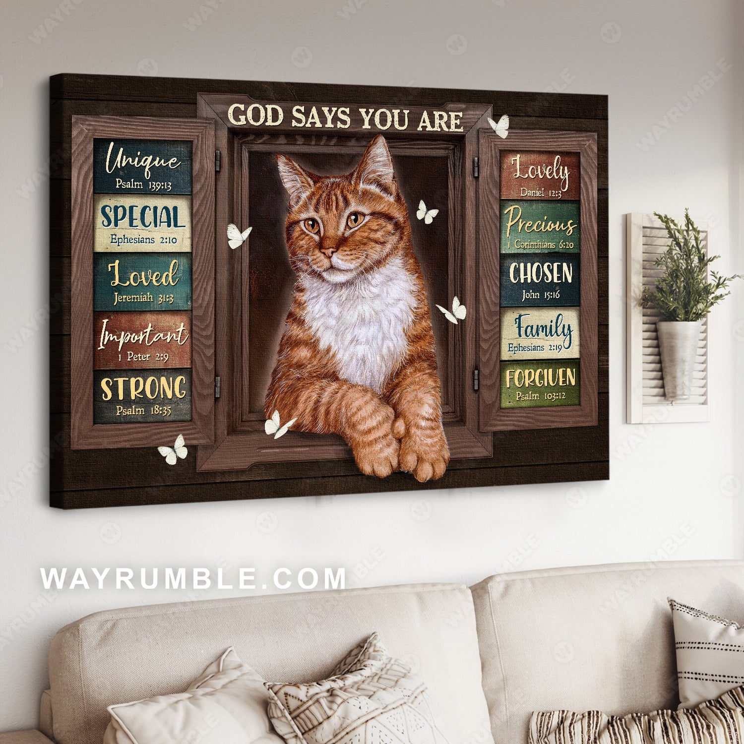 Beautiful cat, White butterfly, God says you are unique - Jesus Landscape Canvas Prints, Home Decor Wall Art