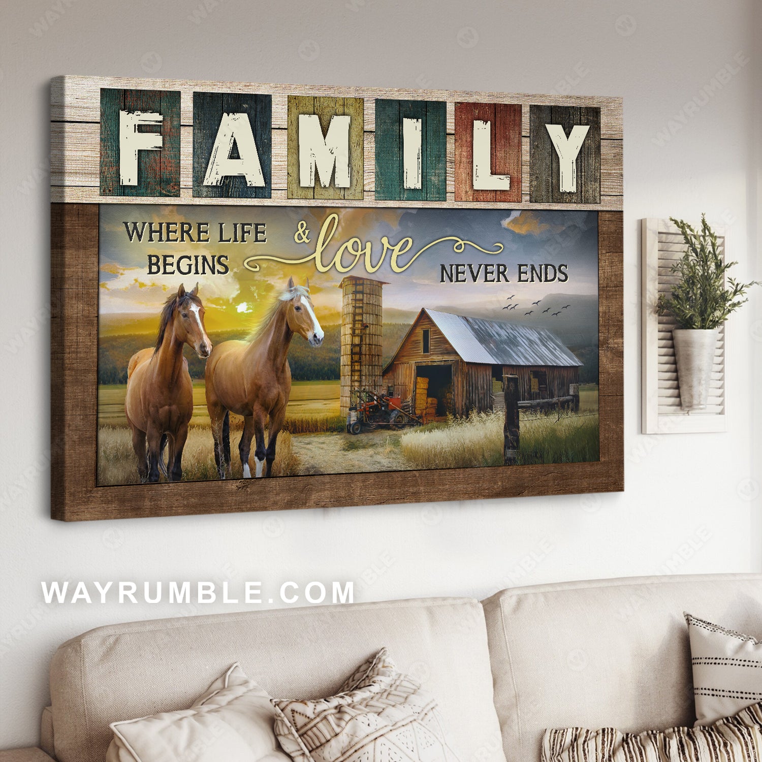 Brown horses, Old barn, Countryside drawing, Family, Where life begins and love never dies - Jesus Landscape Canvas Prints, Christian Wall Art