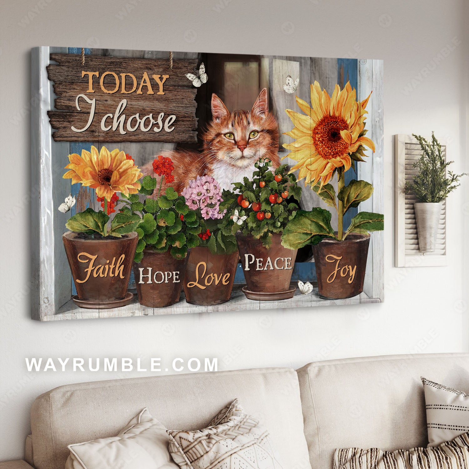 Lazy cat, Pretty flower vase, Big sunflower, Today I choose joy - Jesus Landscape Canvas Prints, Christian Wall Art