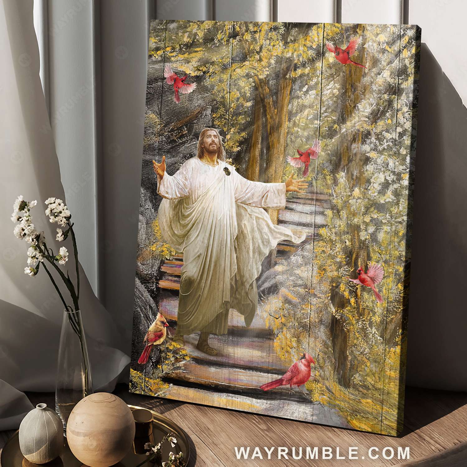 Jesus calls, Jesus drawing, Red cardinals, Autumn forest - Jesus Portrait Canvas Prints, Christian Wall Art