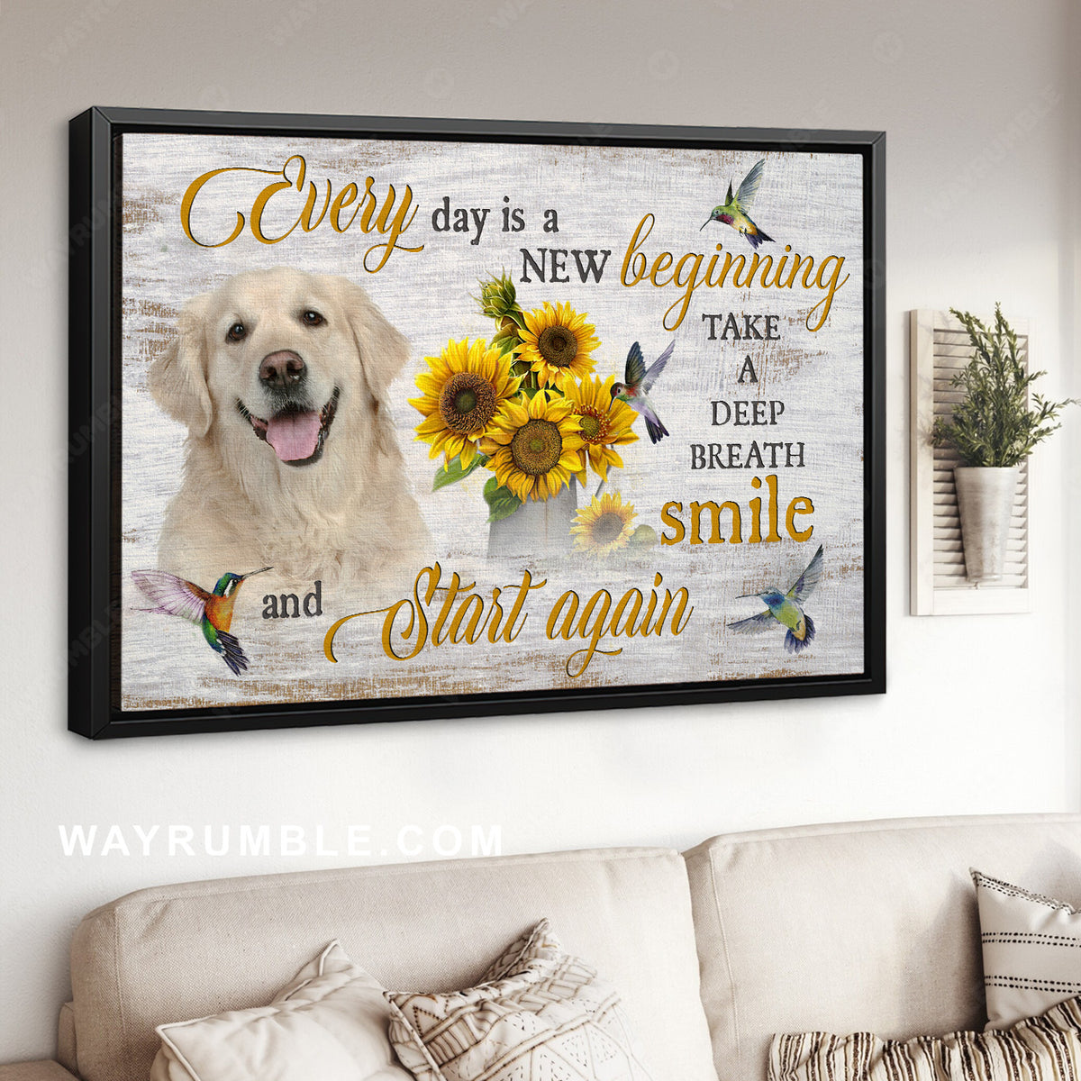 Sunflower vase, Golden Retriever, Hummingbird, Every day is a new beginning - Jesus Landscape Canvas Prints, Home Decor Wall Art