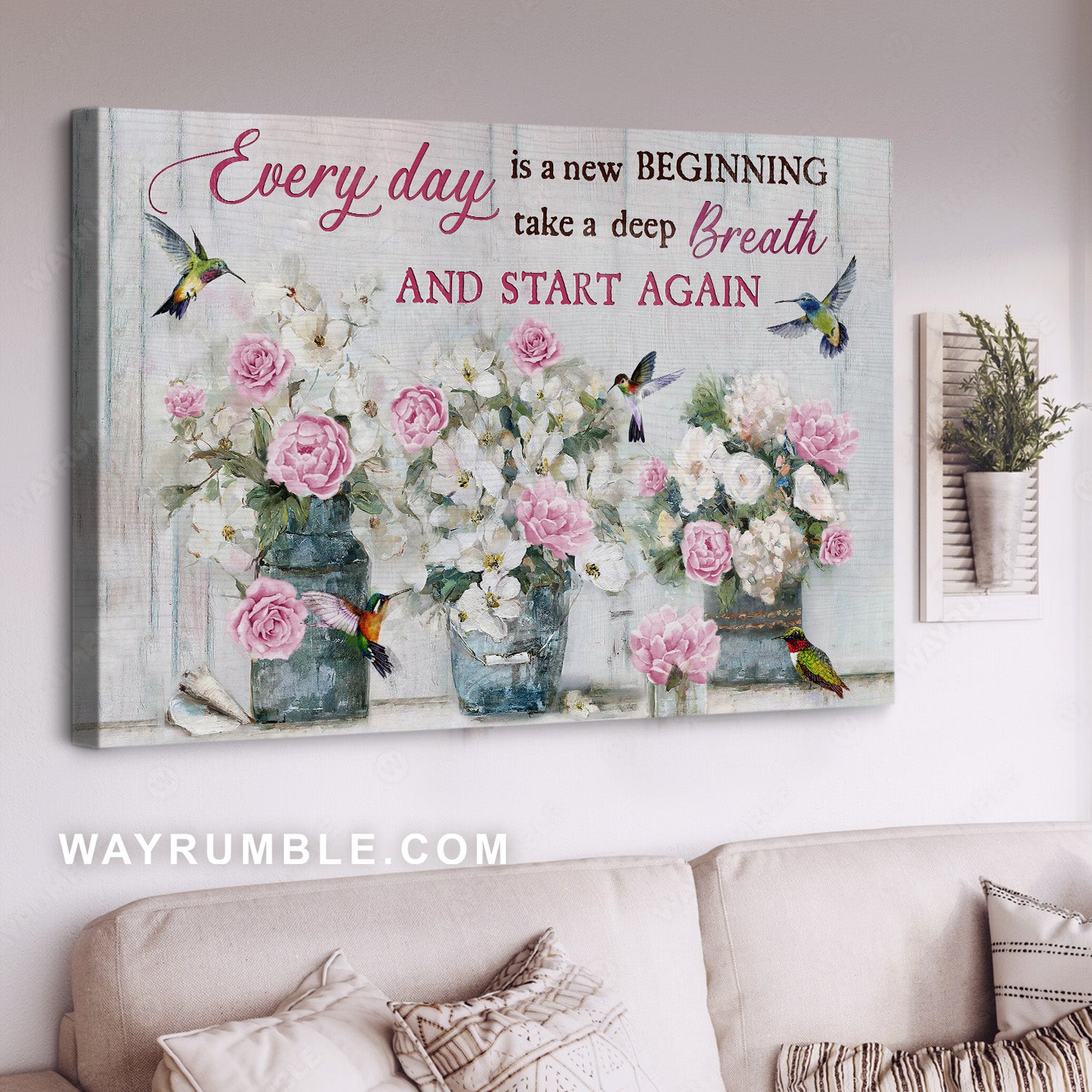 Pink peony flower, Jasmine vase, Hummingbird, Every day is a new beginning - Jesus Landscape Canvas Prints, Home Decor Wall Art