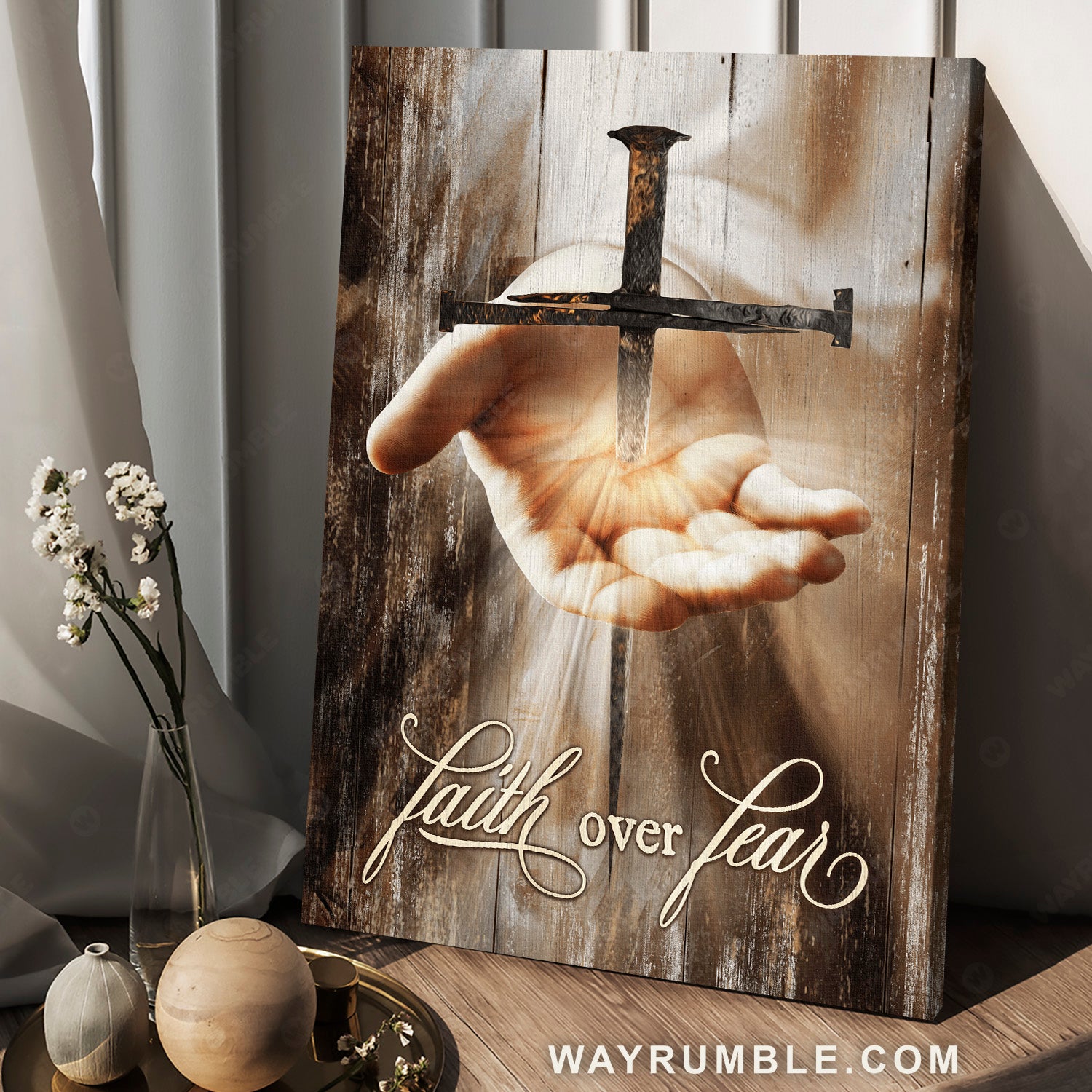 Nail cross, Jesus hand, Faith over fear - Jesus Portrait Canvas Prints, Christian Wall Art