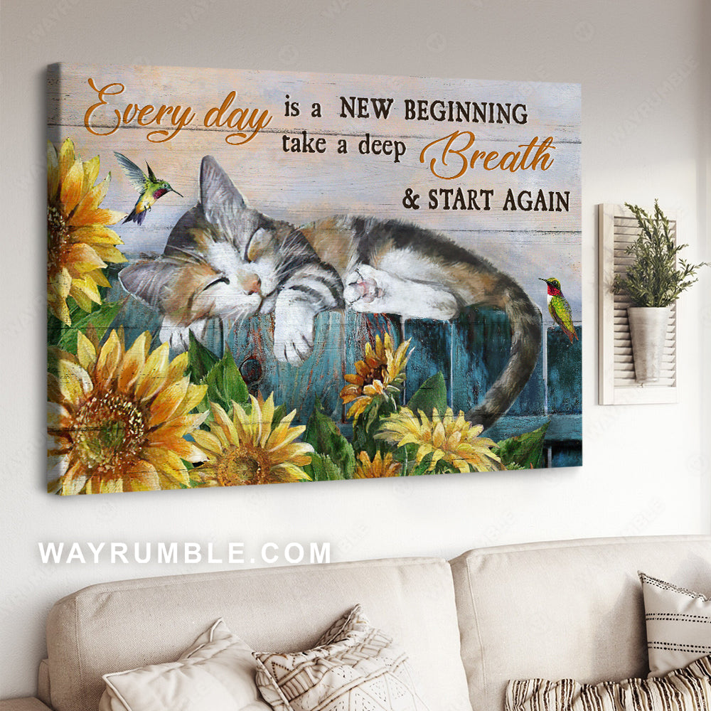 Little calico cat, Sunflower garden, Hummingbird, Every day is a new beginning - Jesus Landscape Canvas Prints, Christian Wall Art
