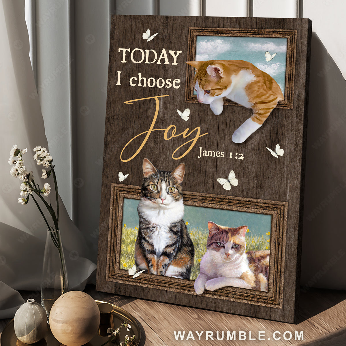 Pretty cat, Yellow daisy field, White butterfly, Today I choose joy - Jesus Portrait Canvas Prints, Christian Wall Art