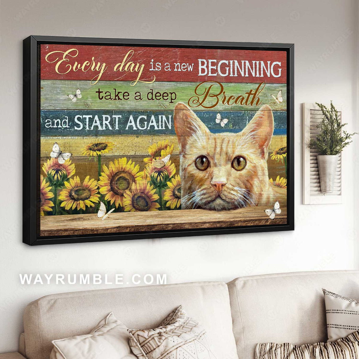 Cute cat face, Sunflower frame, Butterfly, Every day is a new beginning - Jesus Landscape Canvas Prints, Christian Wall Art