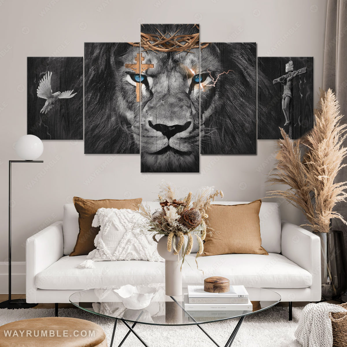 Black lion drawing, King of Kings, Crown of thorn, Dove - Jesus 5 Panel Matte Canvas