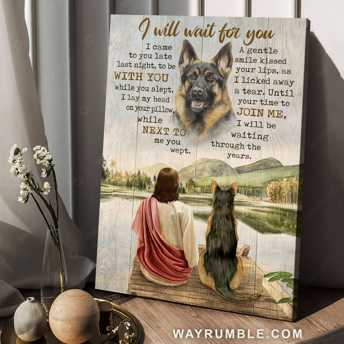 Beautiful lake, German shepherd, Jesus drawing, I will wait for you - Jesus Portrait Canvas Prints, Christian Wall Art
