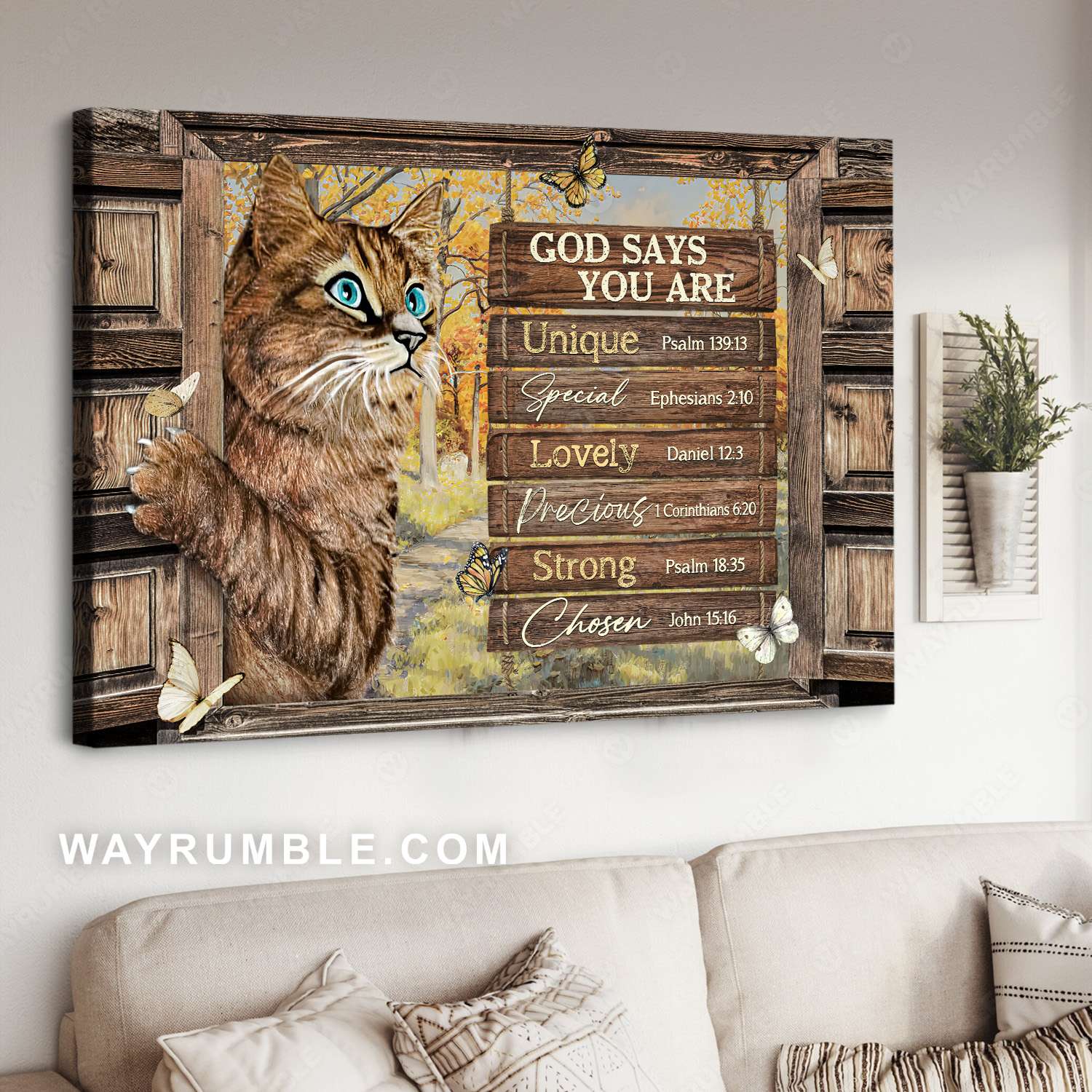 Tabby cat, Autumn forest, Wooden window, God says you are unique - Jesus Landscape Canvas Prints, Christian Wall Art
