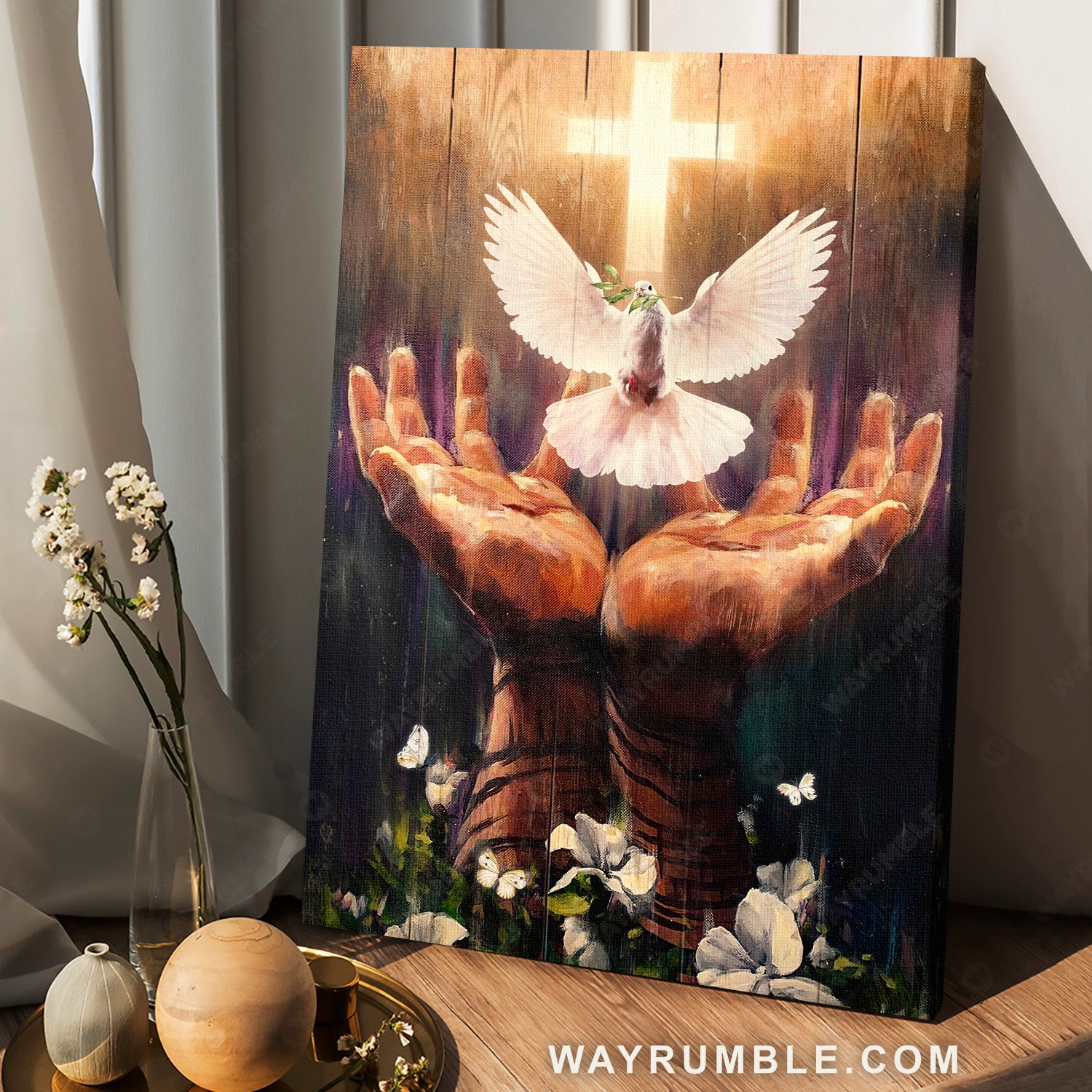 Jesus hand, Dove of peace, Light cross, White flower - Jesus Portrait Canvas Prints, Christian Wall Art