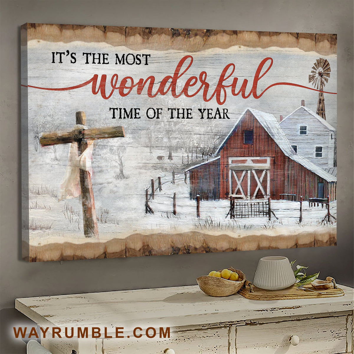 Winter Farm, Cross, It's the most wonderful time of the year - Jesus Landscape Canvas Prints, Wall Art