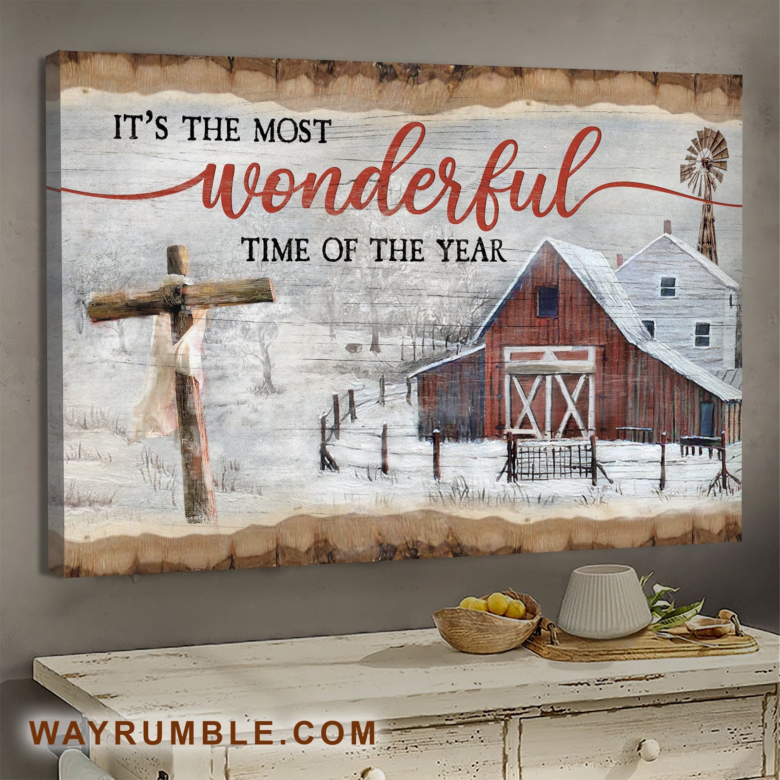Winter Farm, Cross, It's the most wonderful time of the year - Jesus Landscape Canvas Prints, Wall Art