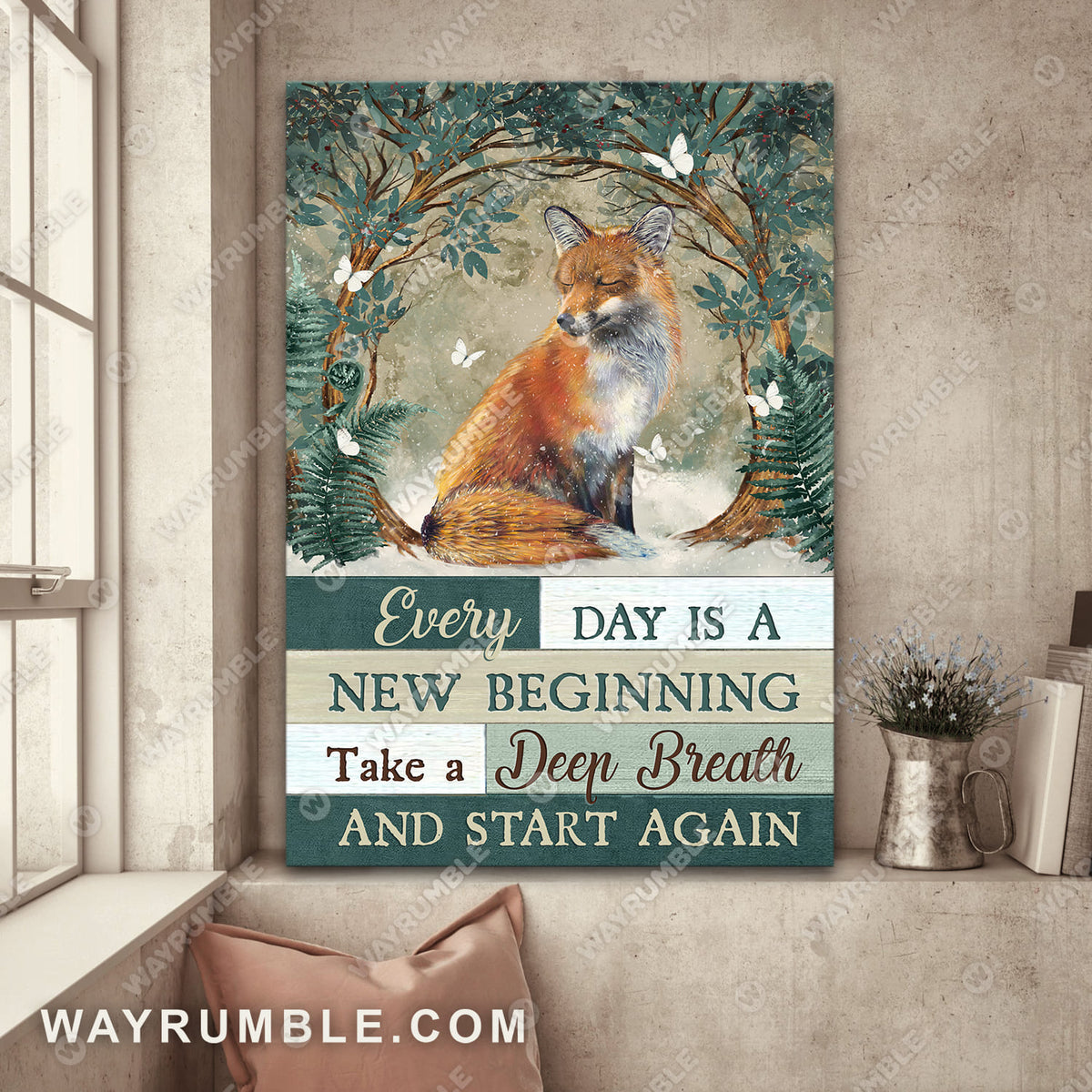Brown fox drawing, Green forest painting, Every day is a new beginning - Jesus Portrait Canvas Prints, Wall Art