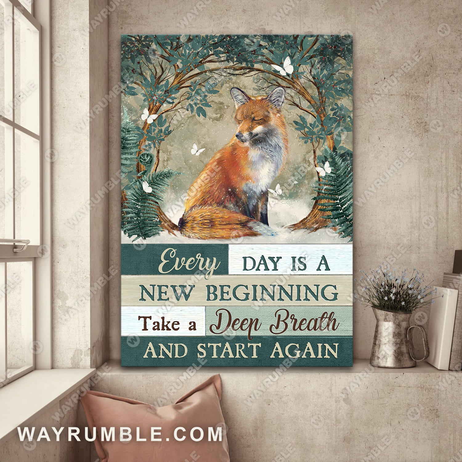 Brown fox drawing, Green forest painting, Every day is a new beginning - Jesus Portrait Canvas Prints, Wall Art