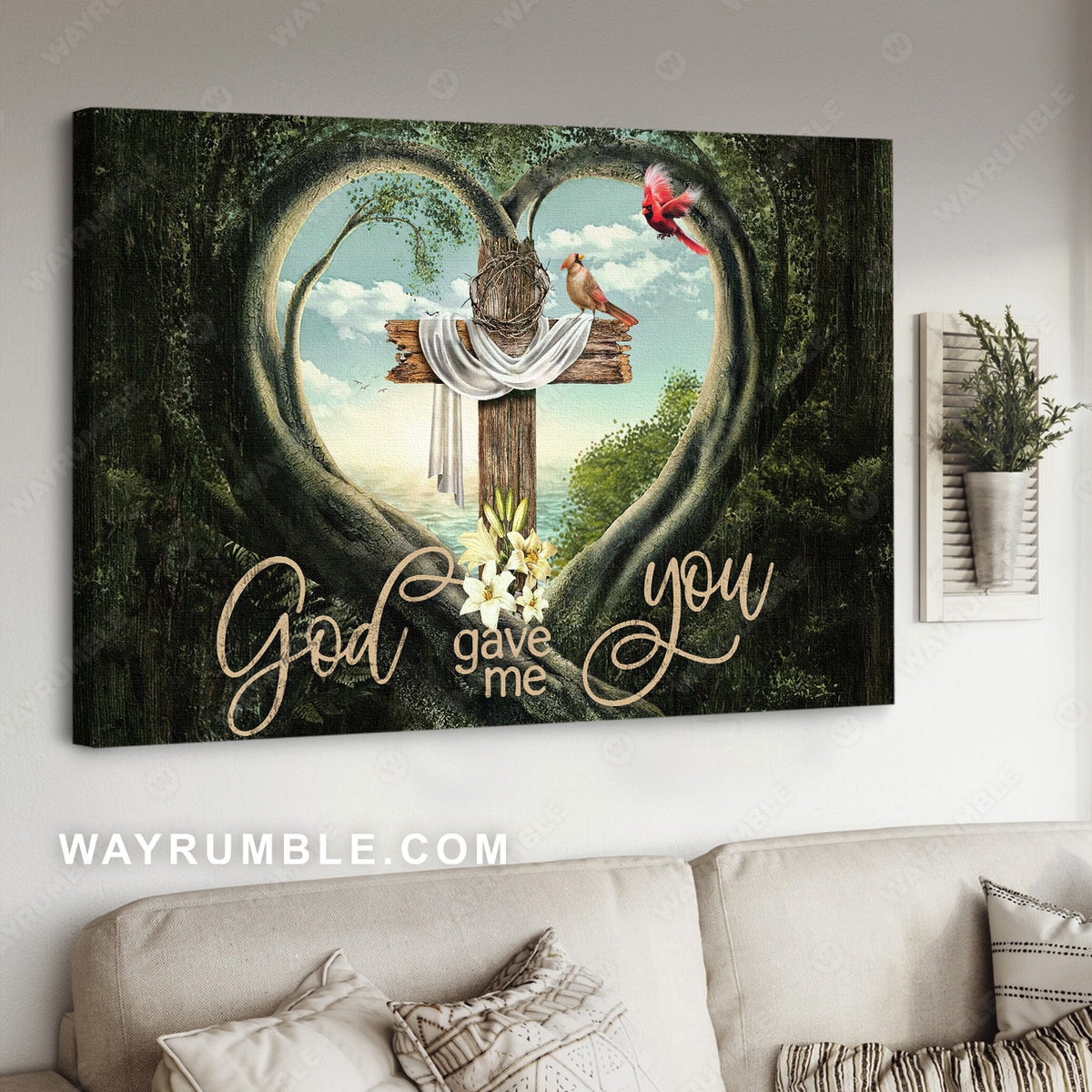 Heart cave, Wooden cross, Pretty cardinal, God gave me you - Jesus Landscape Canvas Prints, Home Decor Wall Art