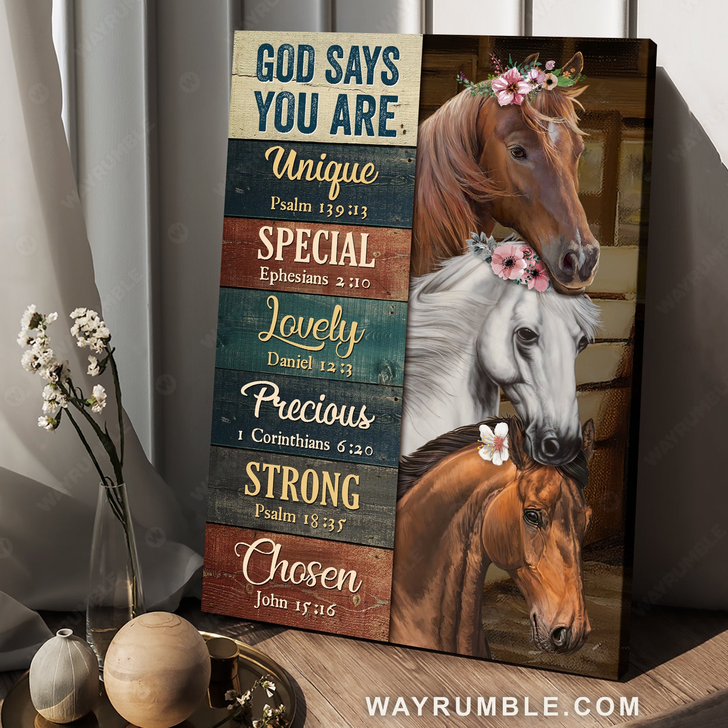 Stunning horses, Pink flower wreath, Horse farm, God says you are unique - Jesus Portrait Canvas Prints, Home Decor Wall Art
