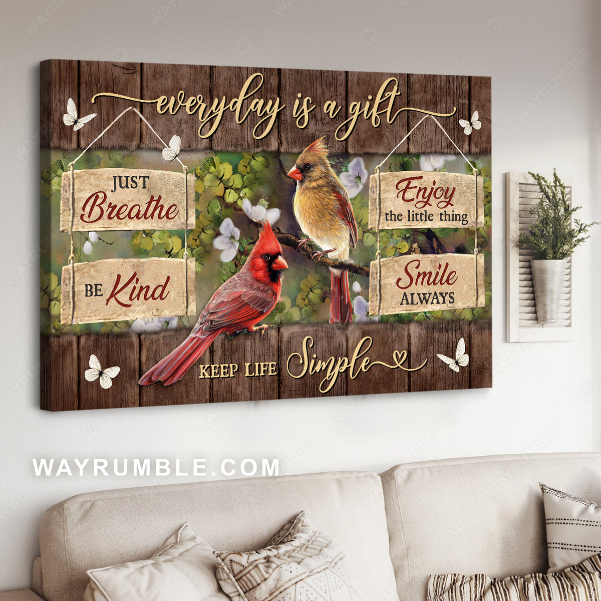 Red cardinal, Yellow cardinal, Wood sign, Every day is a gift - Jesus Landscape Canvas Prints, Christian Wall Art