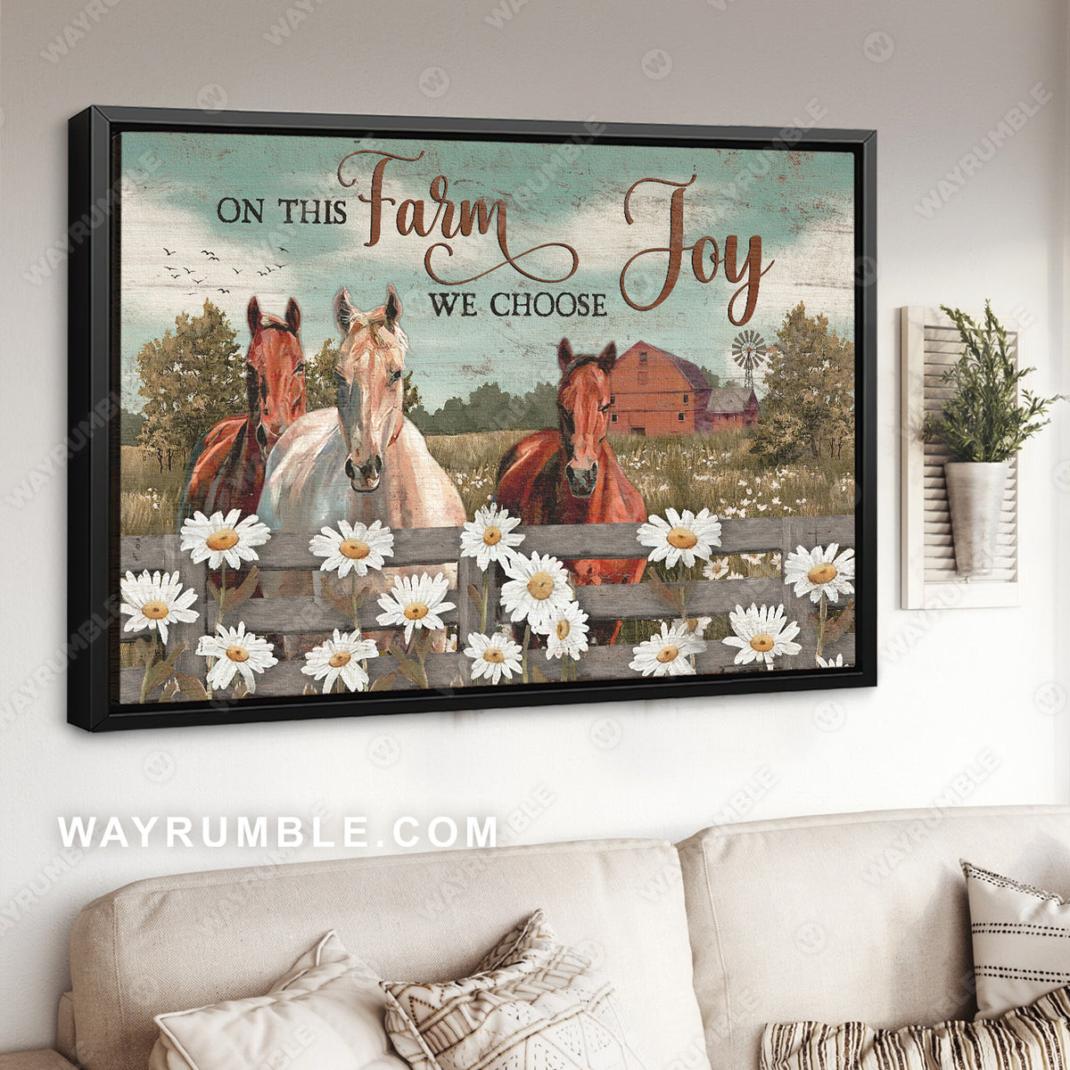 Horse painting, Daisy field, Beautiful sky, On this farm, We choose joy - Jesus Landscape Canvas Prints, Christian Wall Art