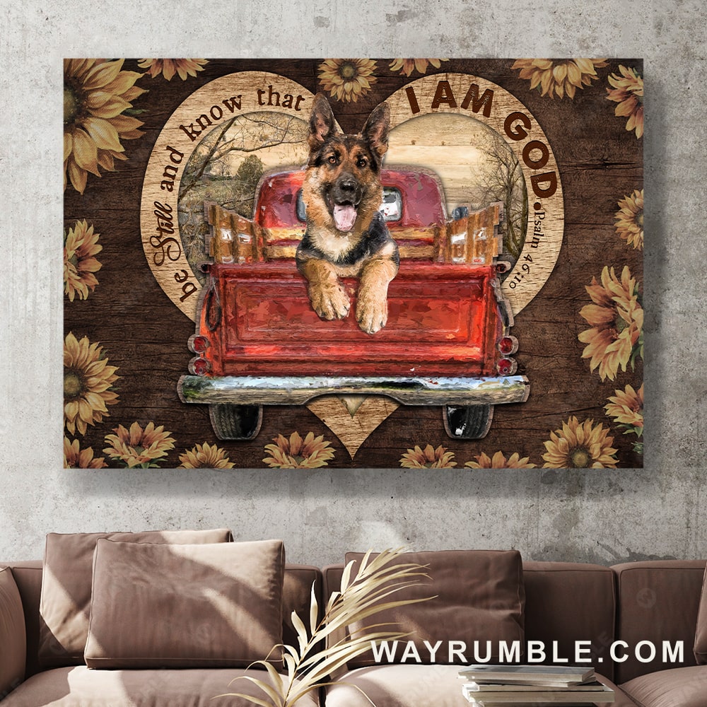 German shepherd dog, Red truck, Wooden heart, Be still and know that I am God - Jesus Landscape Canvas Prints, Christian Wall Art