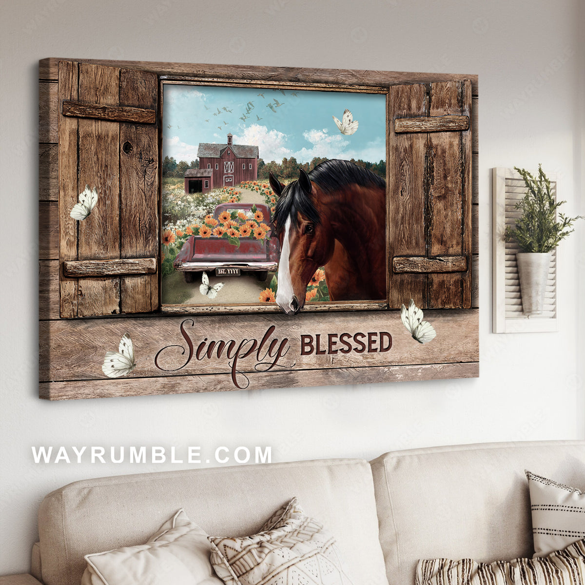 Brown horse, Farm truck, Flower filed, Simply blessed - Jesus Landscape Canvas Prints, Christian Wall Art
