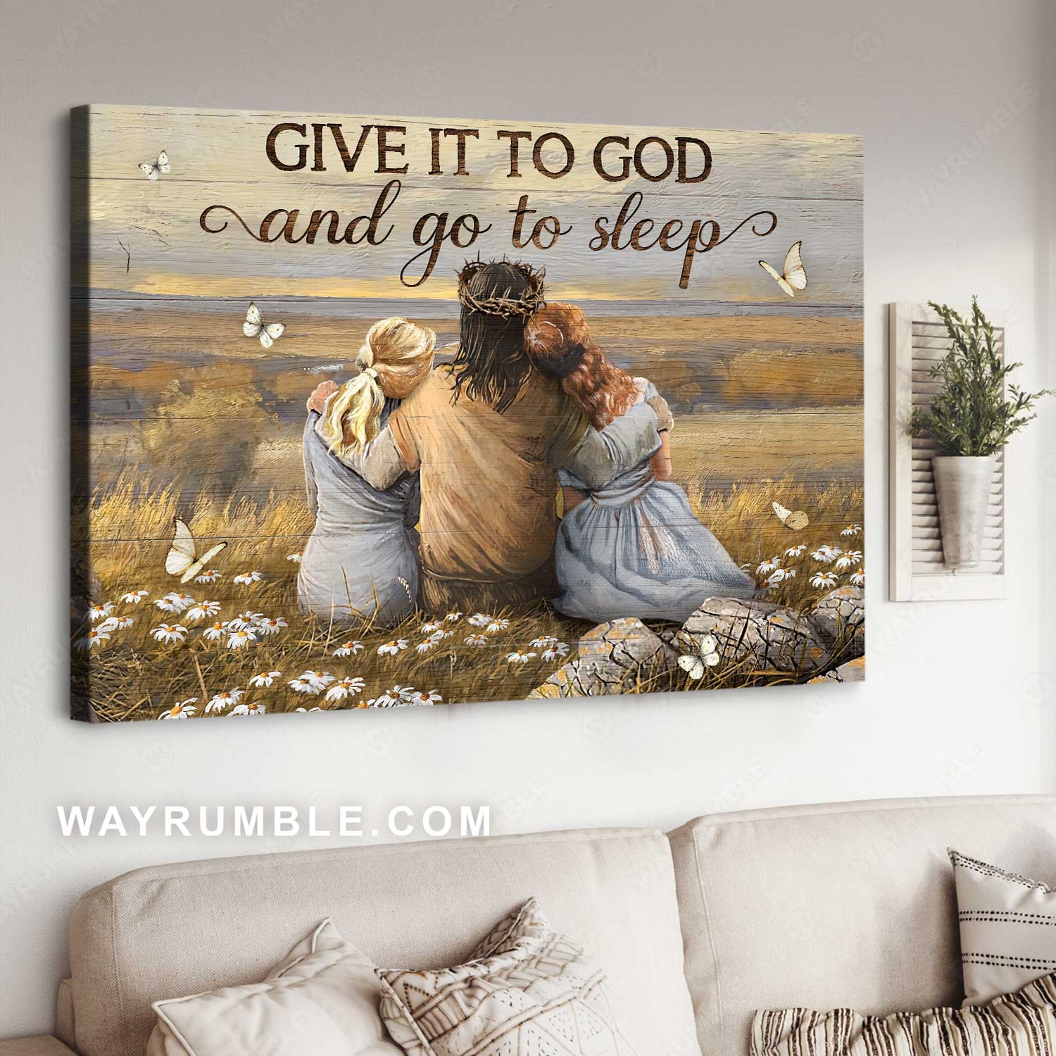 The world in his arms, Pretty girl, Daisy field, Give it to God and go to sleep - Jesus Landscape Canvas Prints, Home Decor Wall Art