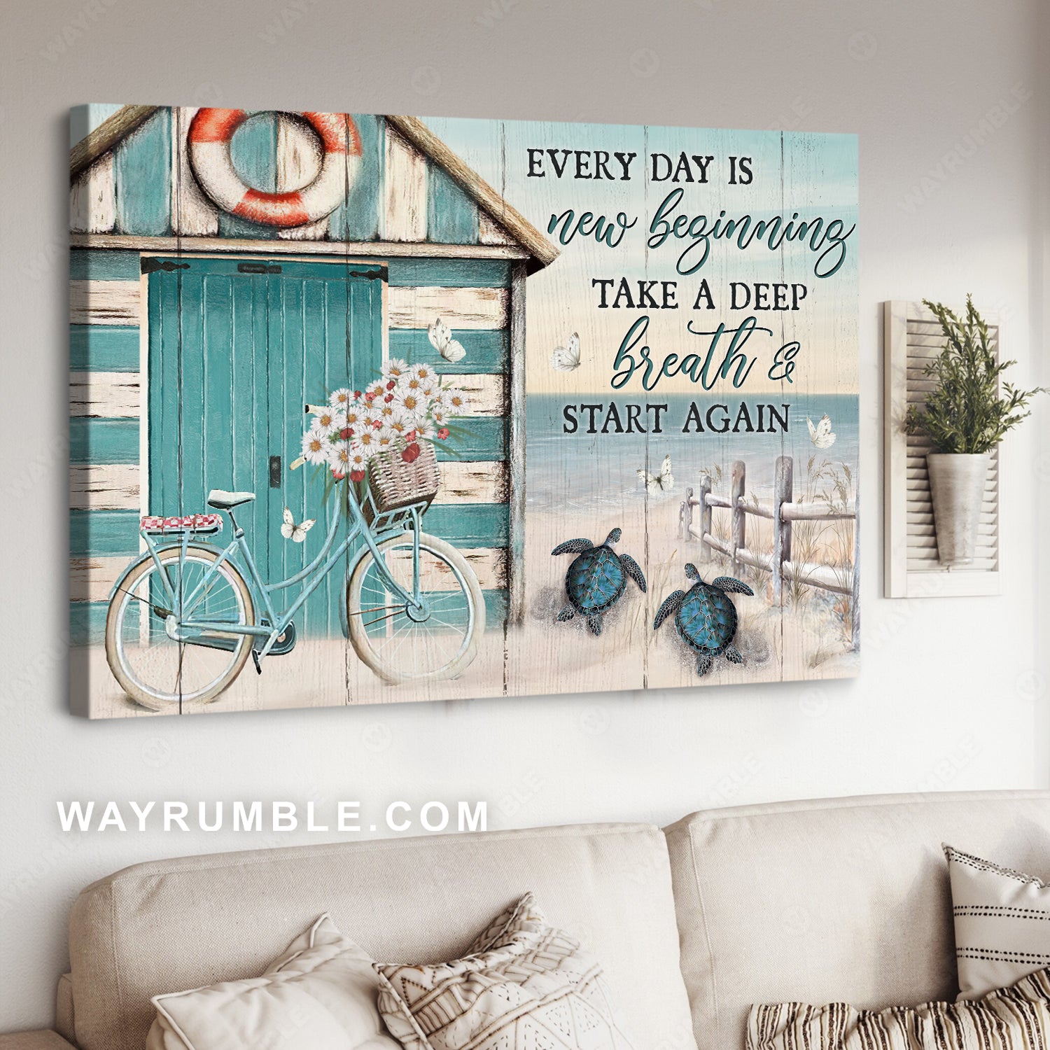 Cruiser bike, Ocean turtle, Beach house, Every day is new beginning - Jesus Landscape Canvas Prints, Christian Wall Art