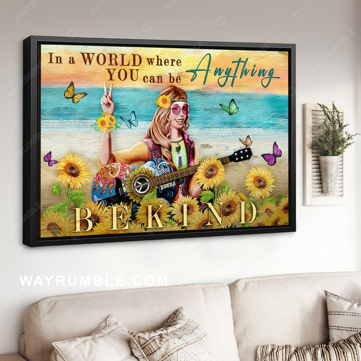 Hippie girl, Sunflower wreath, In a world where you can be anything - Jesus Landscape Canvas Prints, Christian Wall Art