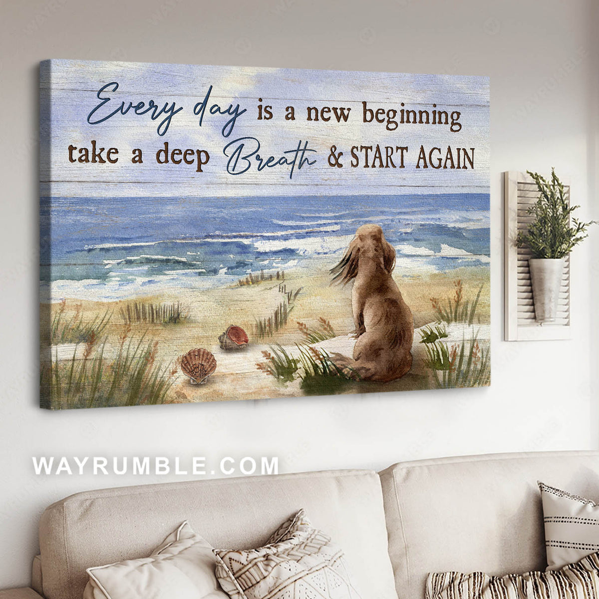 Dachshund dog, Sand beach, Ocean wave, Every day is a new beginning - Jesus Landscape Canvas Prints, Christian Wall Art