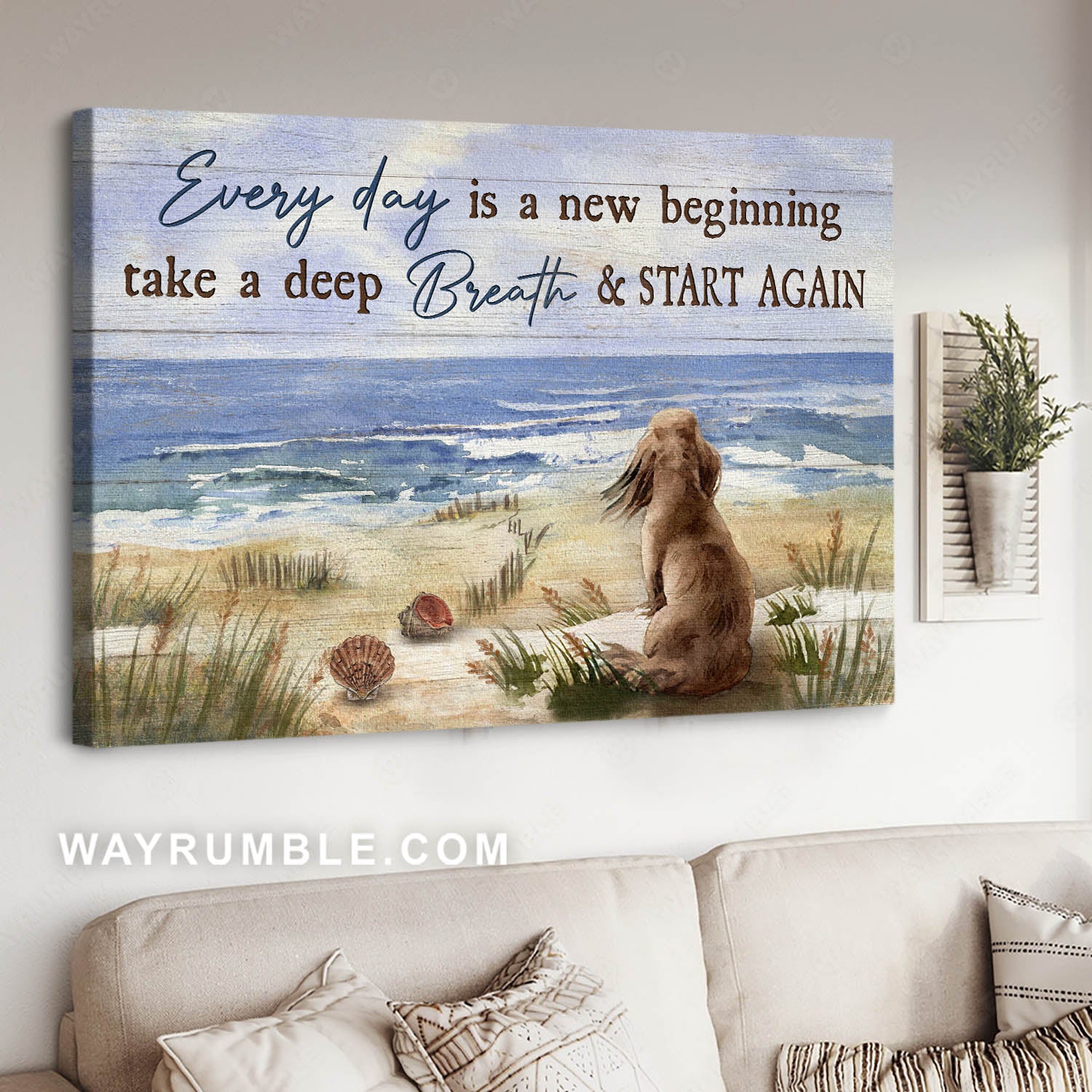 Dachshund dog, Sand beach, Ocean wave, Every day is a new beginning - Jesus Landscape Canvas Prints, Christian Wall Art