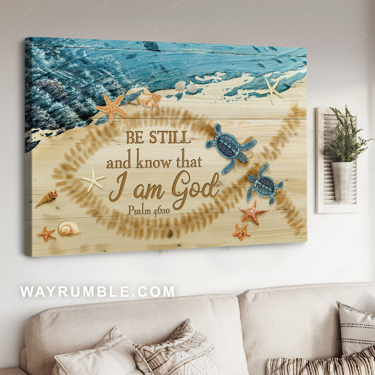 Beach painting, Turtle, Starfish, Conch, Be still and know that I am God - Jesus Landscape Canvas Prints, Christian Wall Art