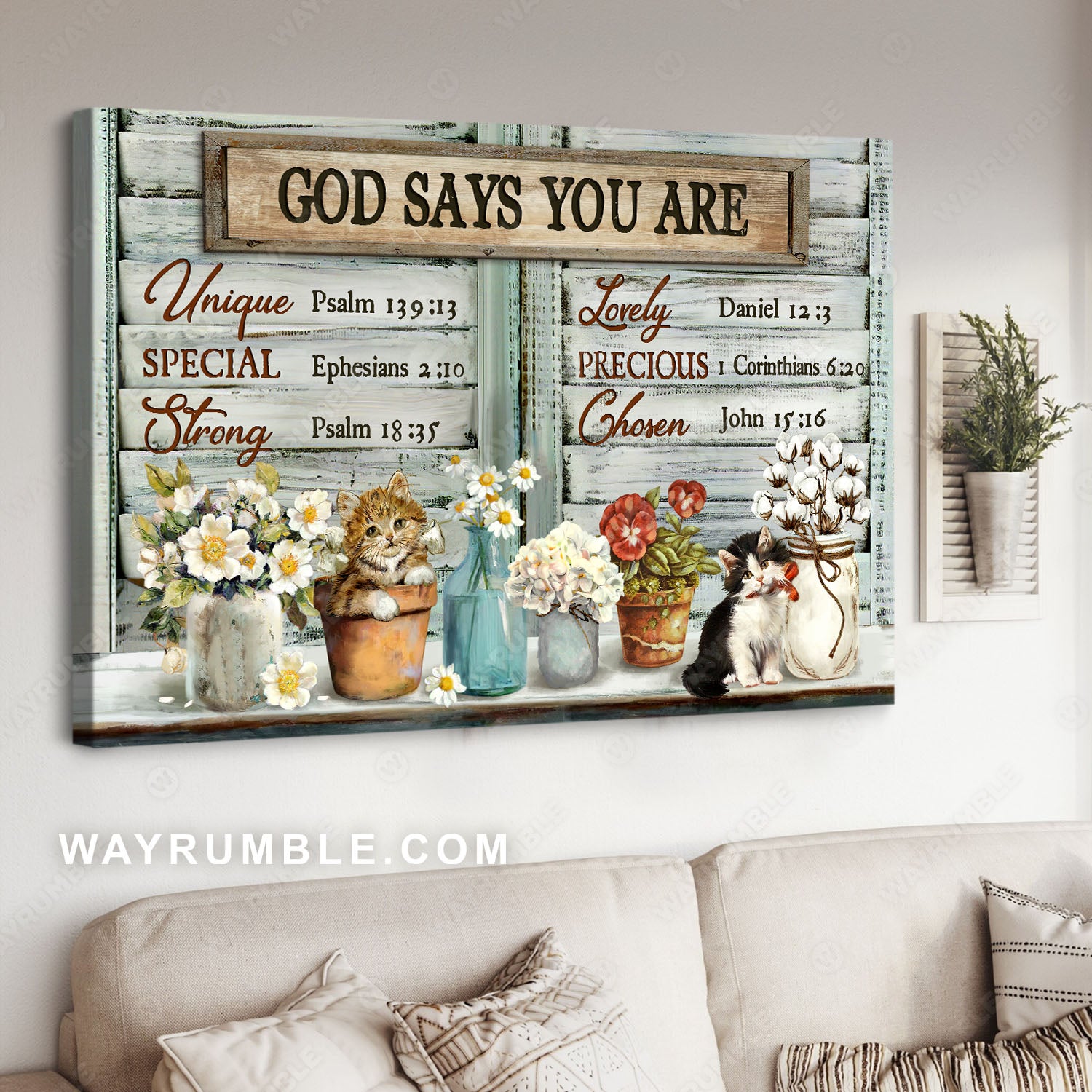 Kittens drawing, White camellia, Cotton flower, Hydrangea, God says you are unique - Jesus Landscape Canvas Prints, Christian Wall Art