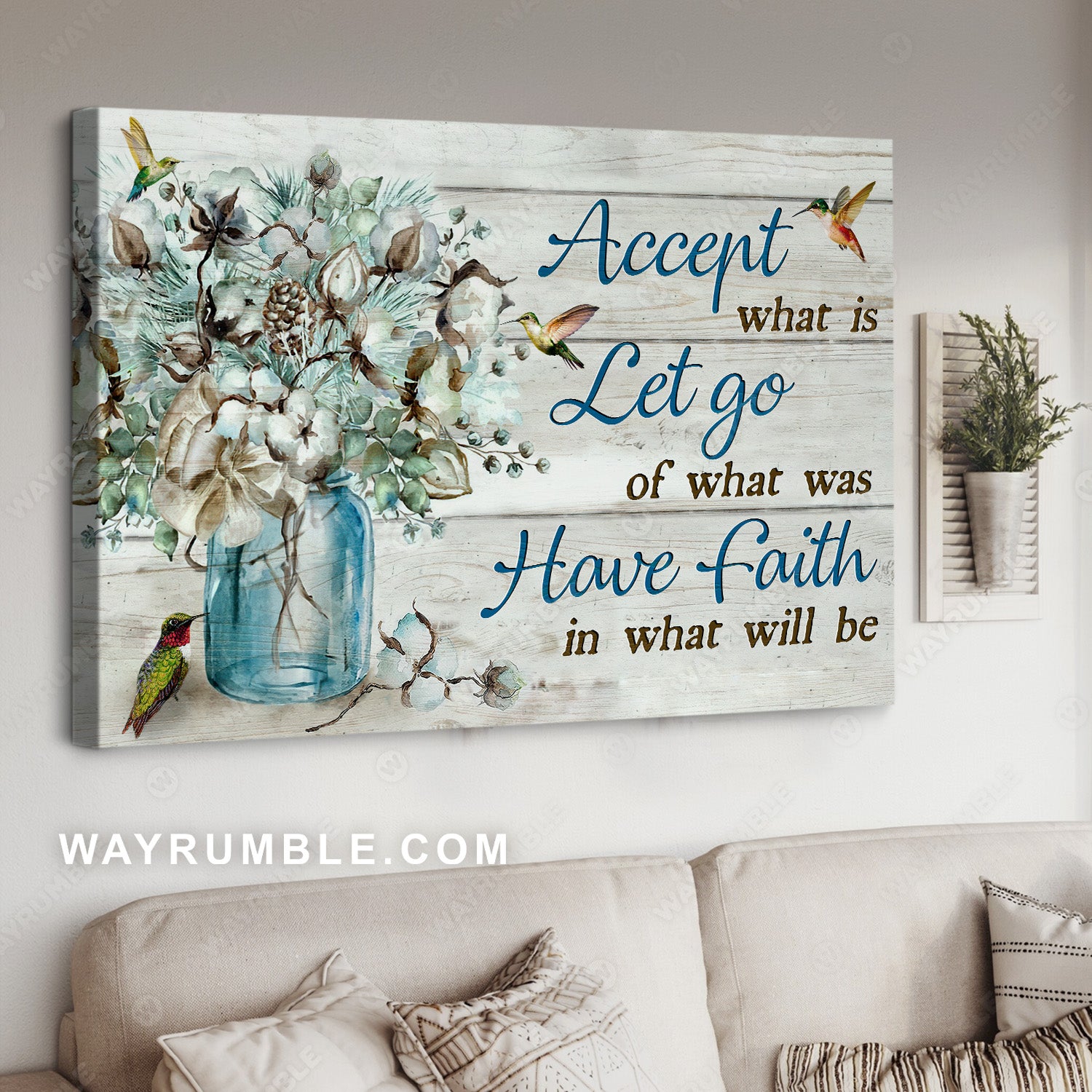 Vintage cotton flower, Lovely hummingbird, Accept what is let go - Jesus Landscape Canvas Prints, Home Decor Wall Art
