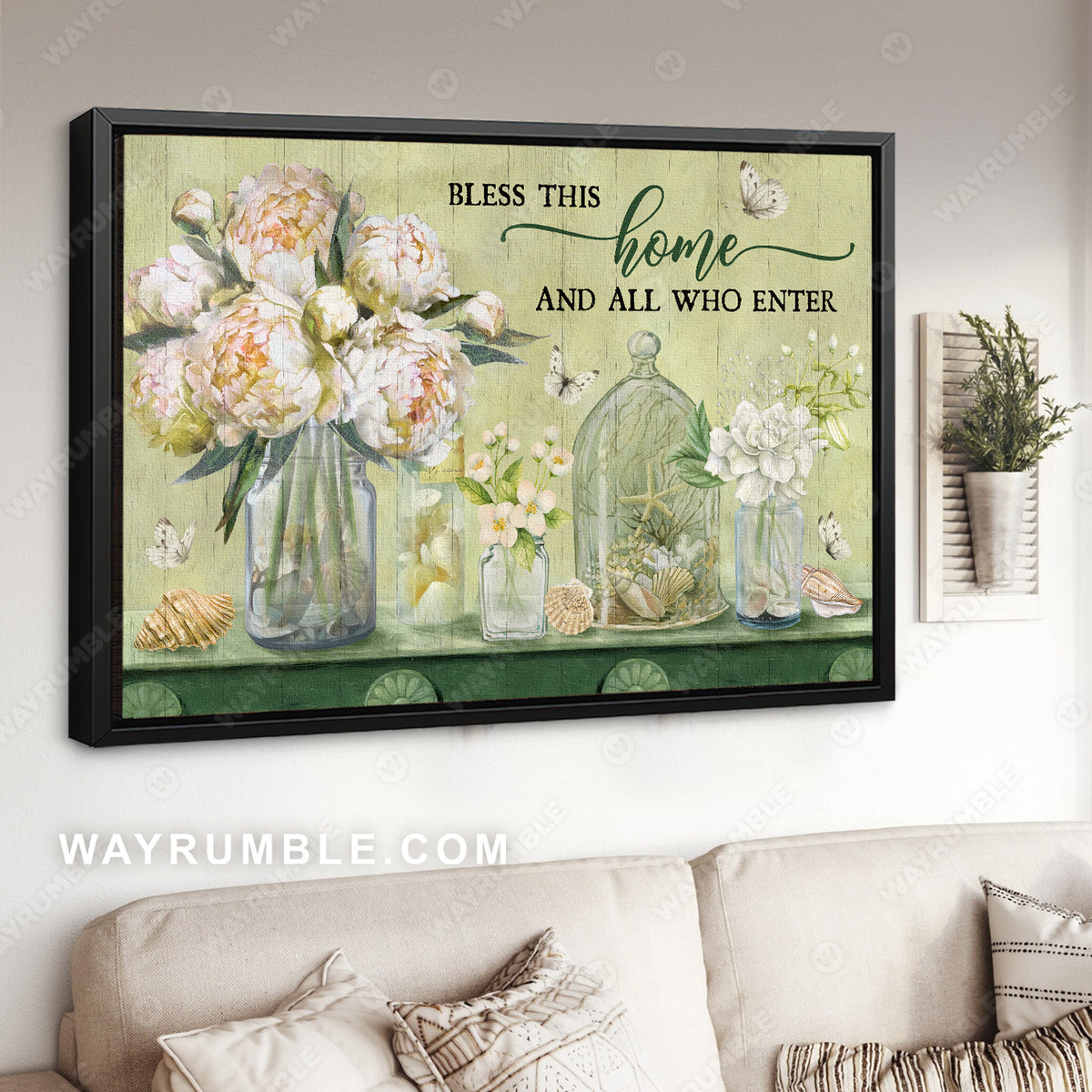White peony, Flower vase, Green background, Bless this home - Jesus Landscape Canvas Prints, Christian Wall Art
