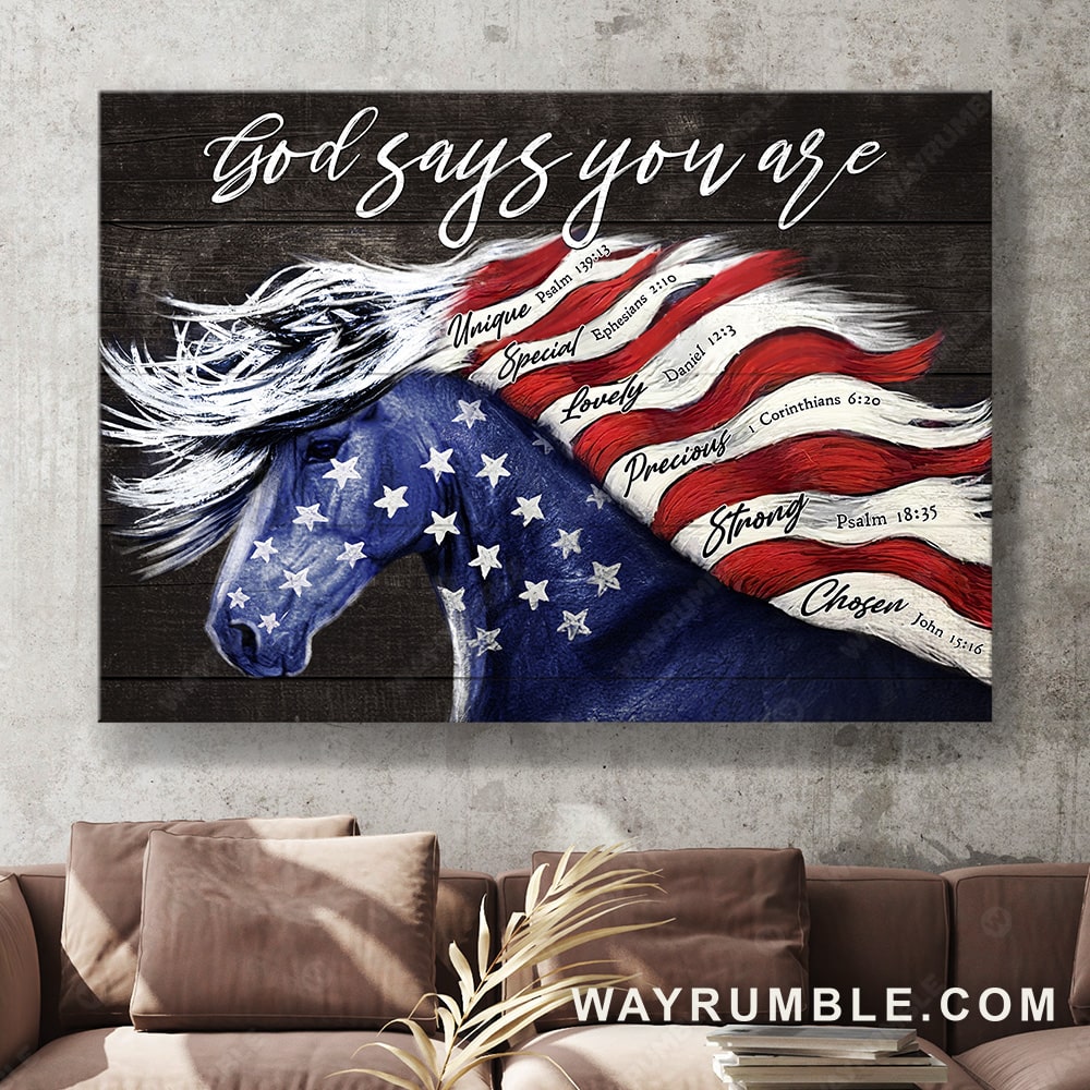 Horse painting, The US Flag, God says you are unique - Jesus Landscape Canvas Prints, Christian Wall Art