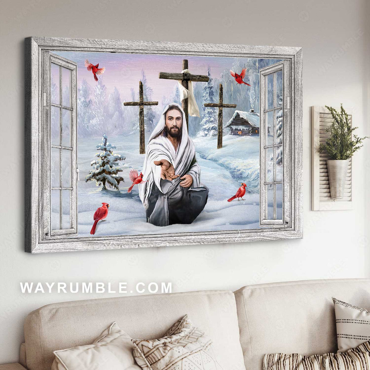 Walking with Jesus, Frozen road, Beautiful cardinal, Cross symbol - Jesus Landscape Canvas Prints, Home Decor Wall Art