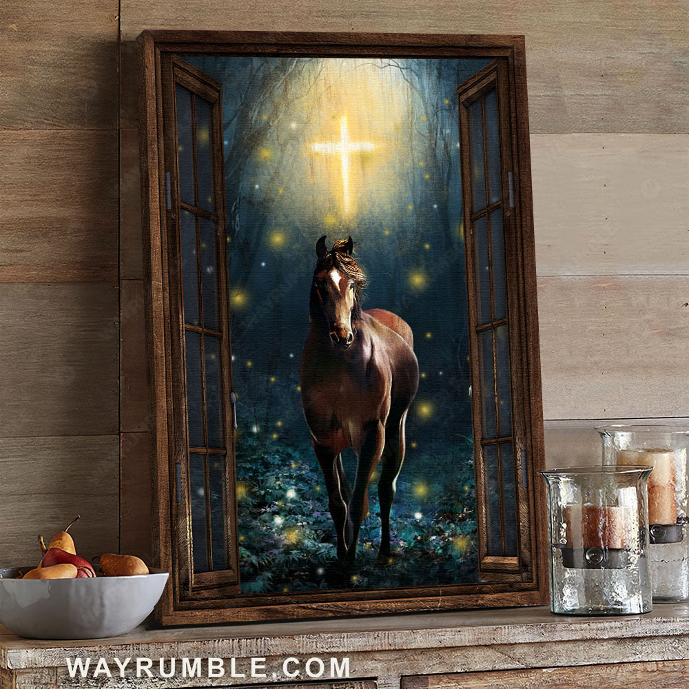 Beautiful horse, Firefly drawing, Cross symbol, Wooden window - Jesus Portrait Canvas Prints, Christian Wall Art
