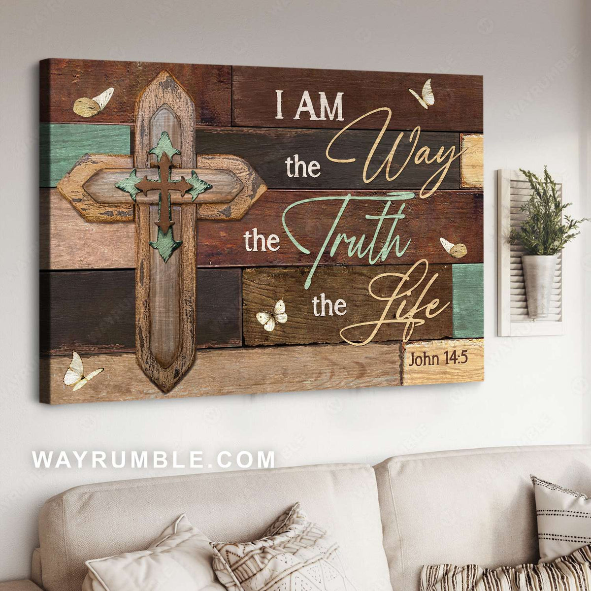Jesus cross, Wooden cross Butterfly drawing. I am the way - Jesus Landscape Canvas Prints, Christian Wall Art