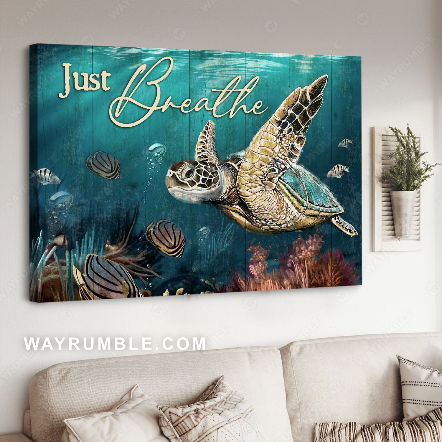 Sea turtle, Coral reef, Ocean painting, Just breath - Jesus Landscape Canvas Prints, Christian Wall Art