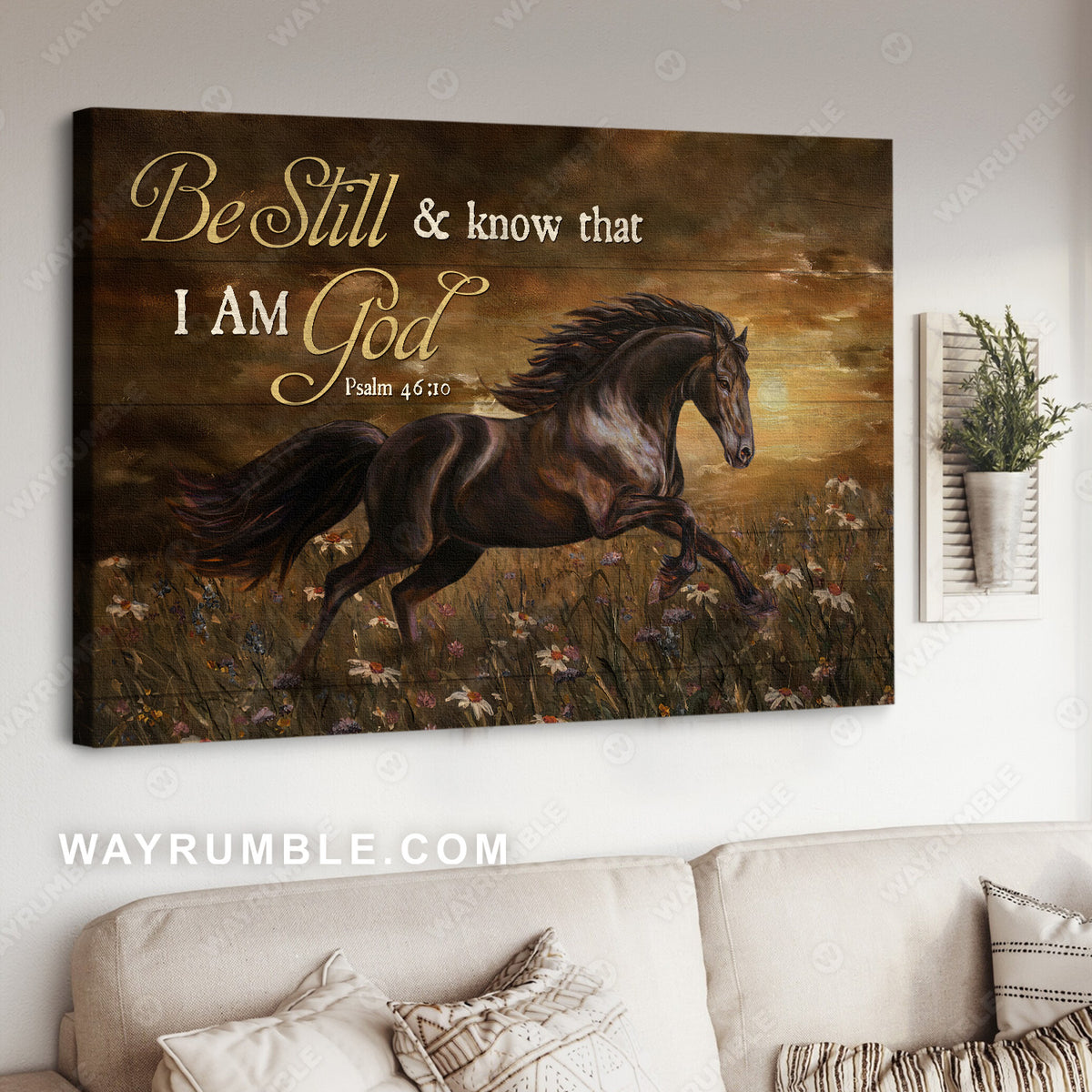 Running horse, Daisy field, Dark cloud, Be still and know that I am God - Jesus Landscape Canvas Prints, Christian Wall Art