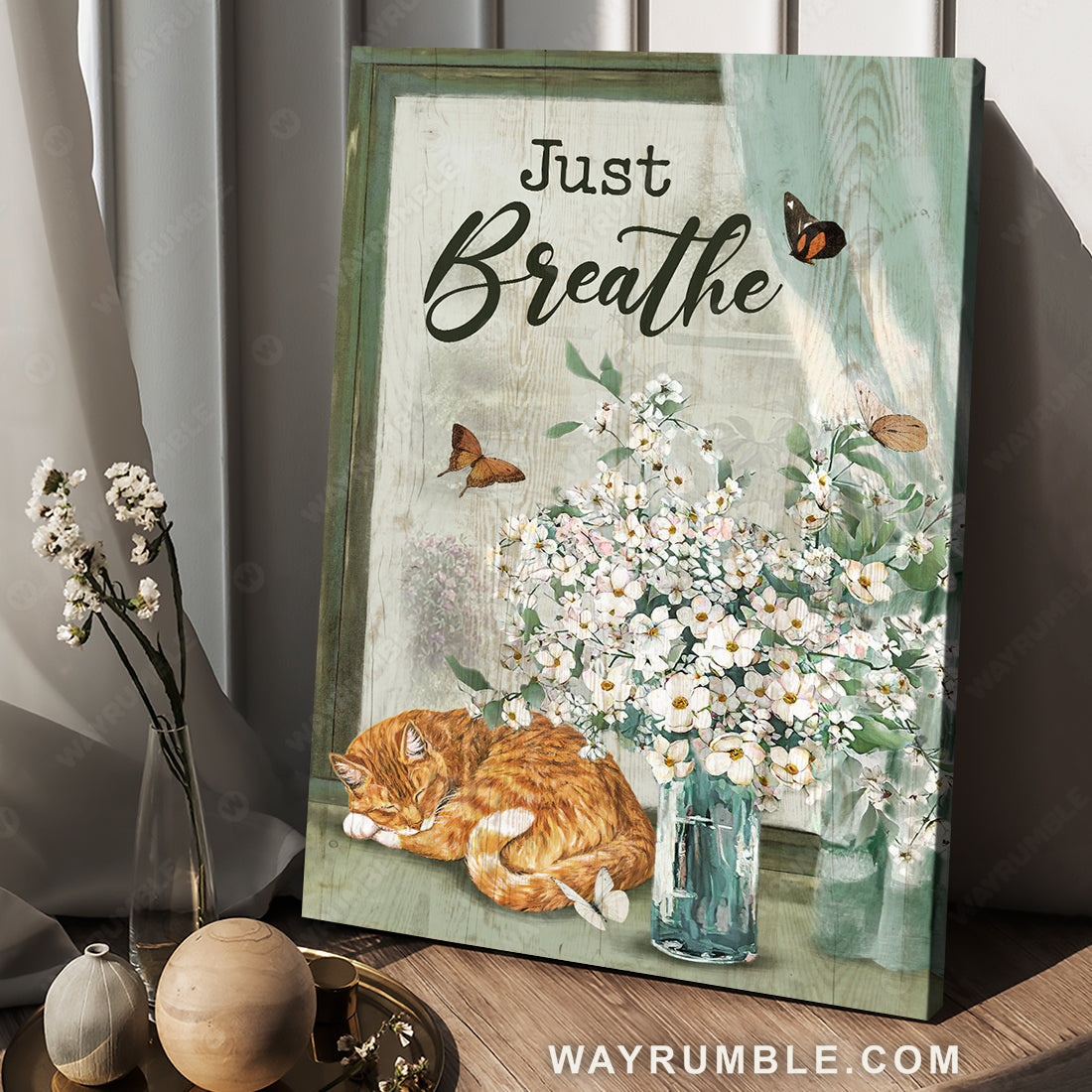 Sleeping cat, White flower vase, Spring painting, Just breathe - Jesus Portrait Canvas Prints, Christian Wall Art