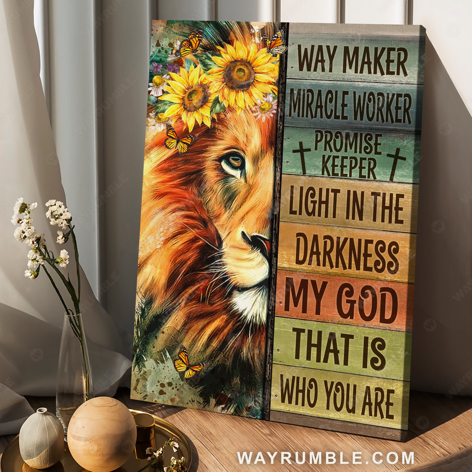 Lion of Judah, Sunflower wreath, Monarch butterfly, Way maker - Jesus Portrait Canvas Prints, Christian Wall Art