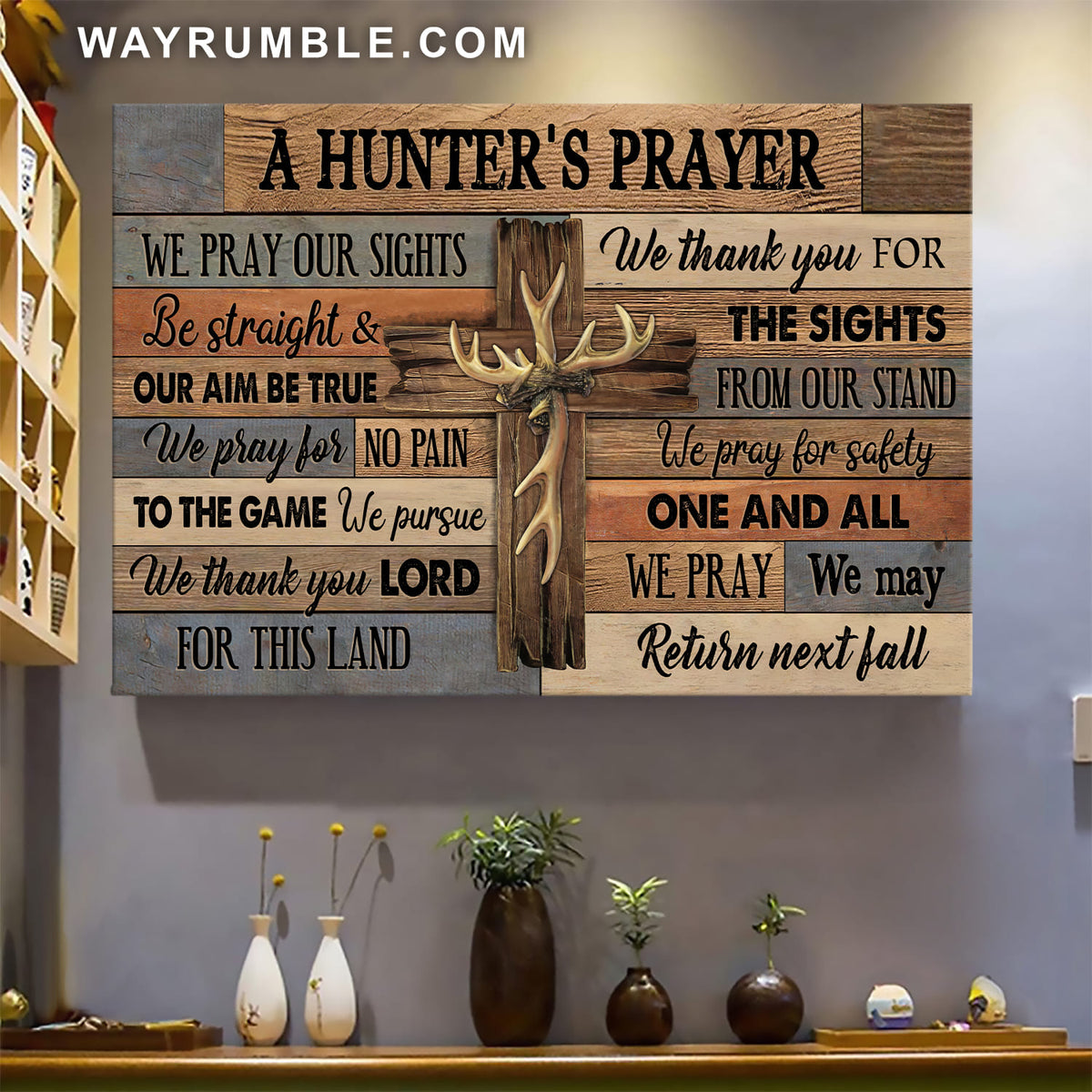Deer horns, Wooden Cross, We thank you lord for this land - Jesus Landscape Canvas Prints, Wall Art