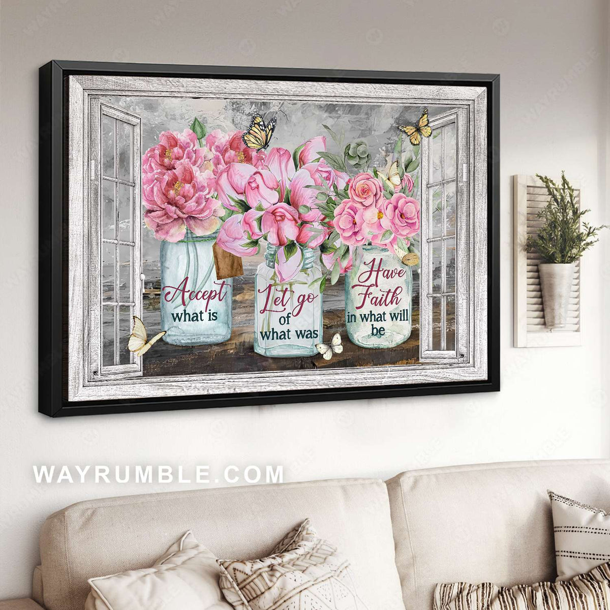 Pink peony, Pink rose, Pink camellia, Glass jars, Accept what is - Jesus Landscape Canvas Prints, Christian Wall Art
