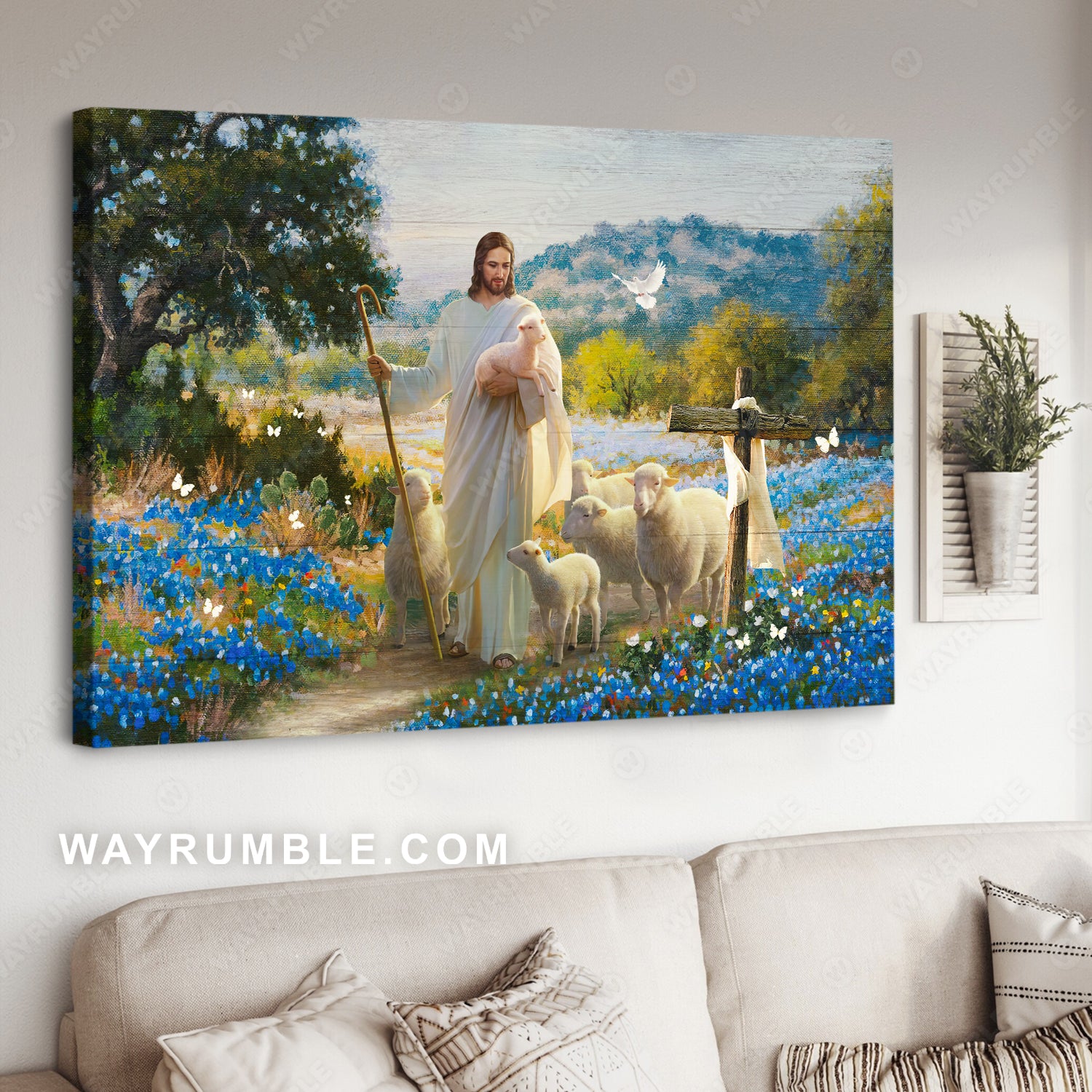 Jesus the good shepherd, Lambs of God, Blue flowers, Easter cross - Jesus Landscape Canvas Prints, Christian Wall Art