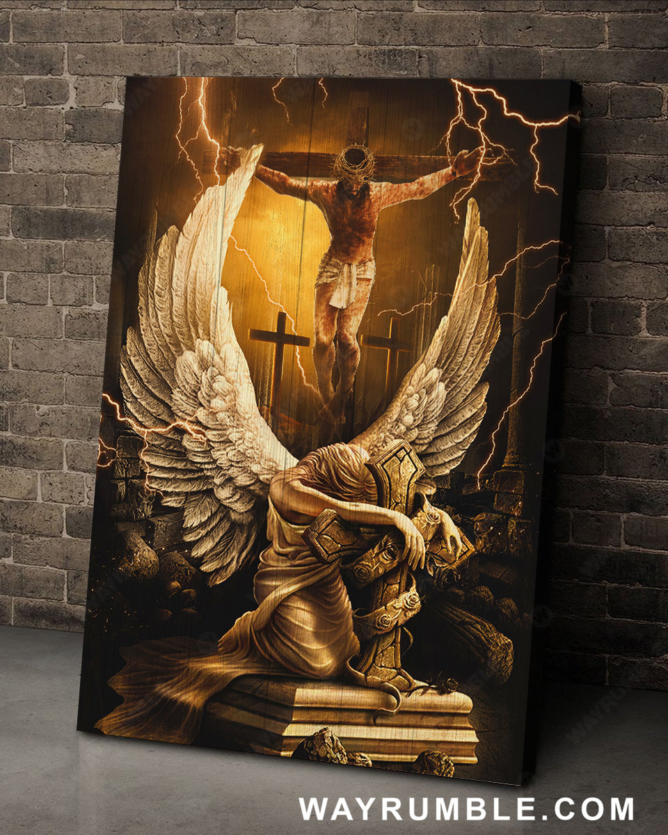 Stunning angel wings, Jesus on the cross, Amazing thunder - Jesus Portrait Canvas Prints, Christian Wall Art