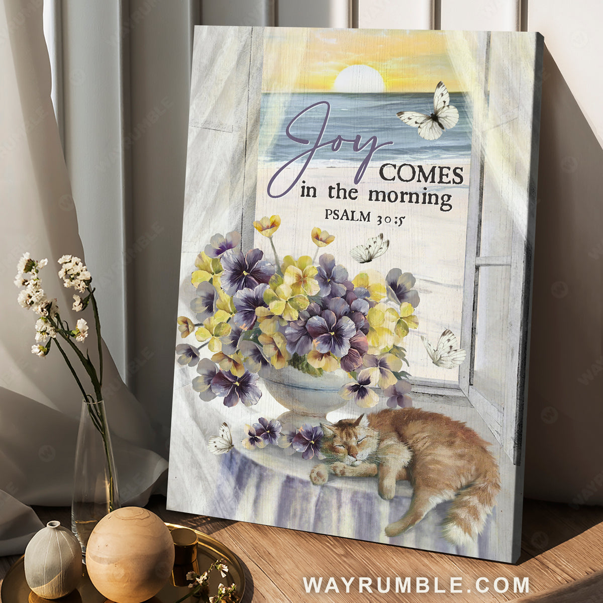 Sleeping cat, Hardy geraniums, Sunrise on beach, Joy comes in the morning - Jesus Portrait Canvas Prints, Christian Wall Art