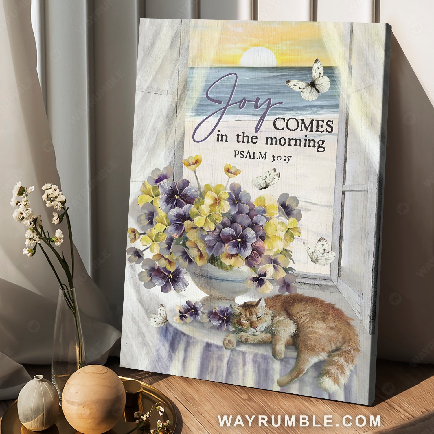 Sleeping cat, Hardy geraniums, Sunrise on beach, Joy comes in the morning - Jesus Portrait Canvas Prints, Christian Wall Art