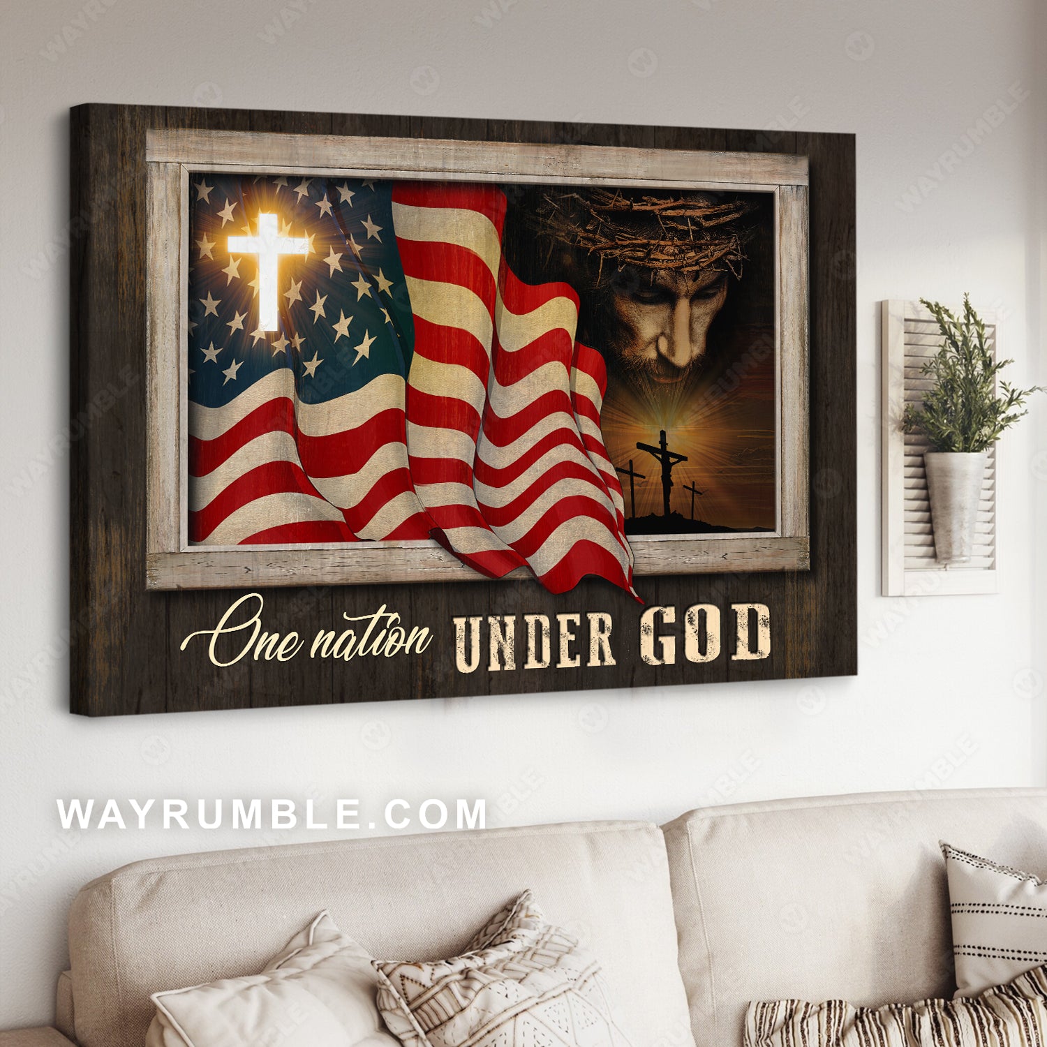 Vintage US flag, Unique cross, The face of Jesus, One nation under God - Jesus Landscape Canvas Prints, Christian Wall Art